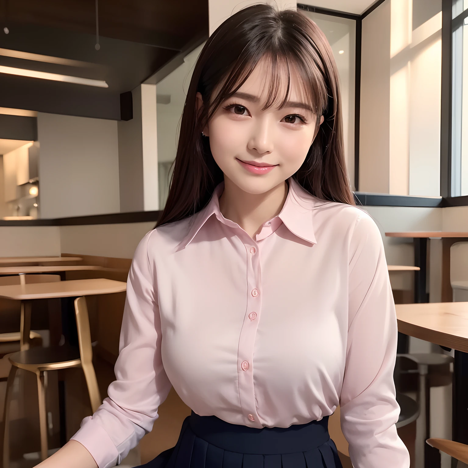 (High quality,4K,8K,hight resolution,masutepiece:1.2),Ultra-detailed,(Realistic,Photorealistic,Photorealsitic:1.37), Portraits, Beautiful detailed eyes, Beautiful detailed lips, Short hair, uniform, 16yo girl, Long hair girl in casual dress sitting in coffee shop, gesture, mare, Professional, Vibrant colors, Soft lighting, subtle shadows, Hair strands, Buttoned shirt, Pleated skirt, breezing, Stunning graceful posture, Confident expression, Expressive eyes, Curved eyelashes, subtle blush, Sparkling Highlights, Sharp details, Soft skin, Precise shading, Bright atmosphere, dynamic compositions, lifelike rendering, small round eyes, Indonesian girls, Attractive small rounded eyes shiny pink lips, Seductive cute smile, Full Portrait、tall、乃木坂アイドル、韓国アイドル、hposing Gravure Idol、adult lady、女優