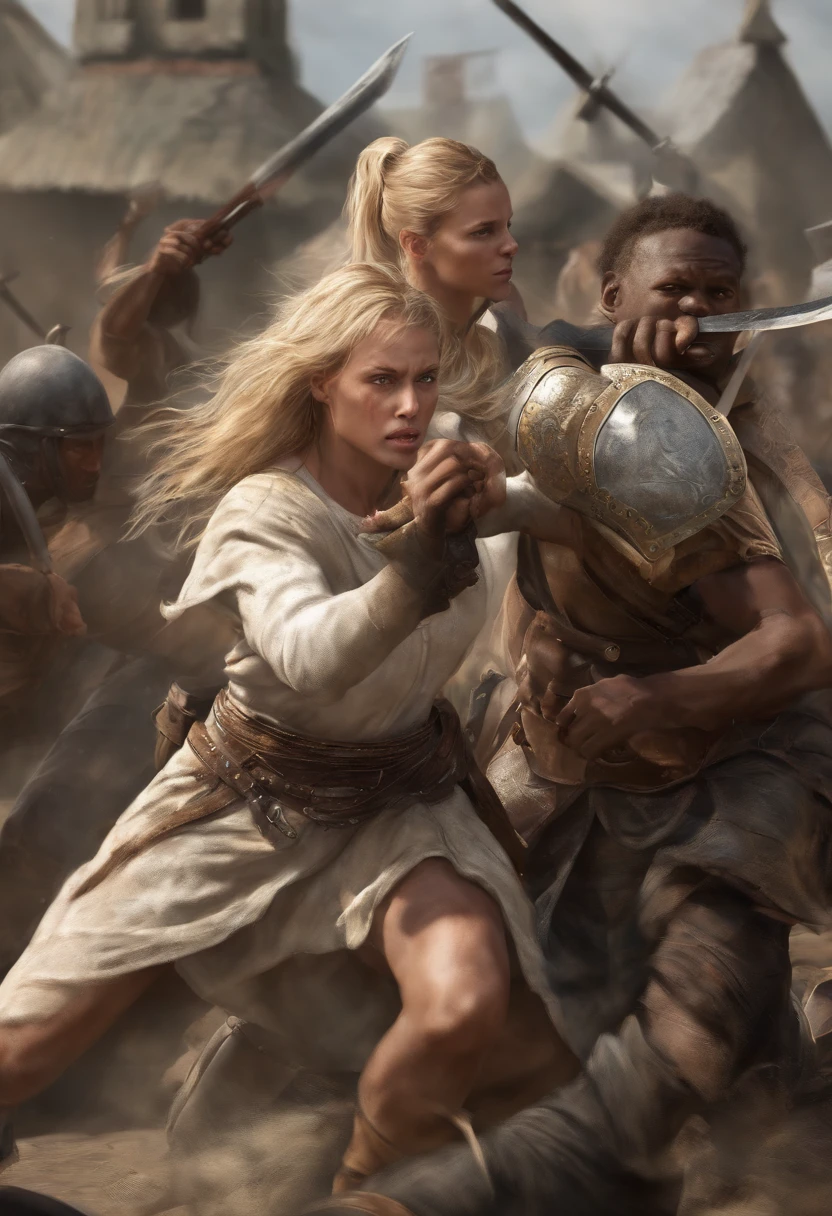 Blondy white  womans warror fight sword afican Black womans warror war afican Middle Ages