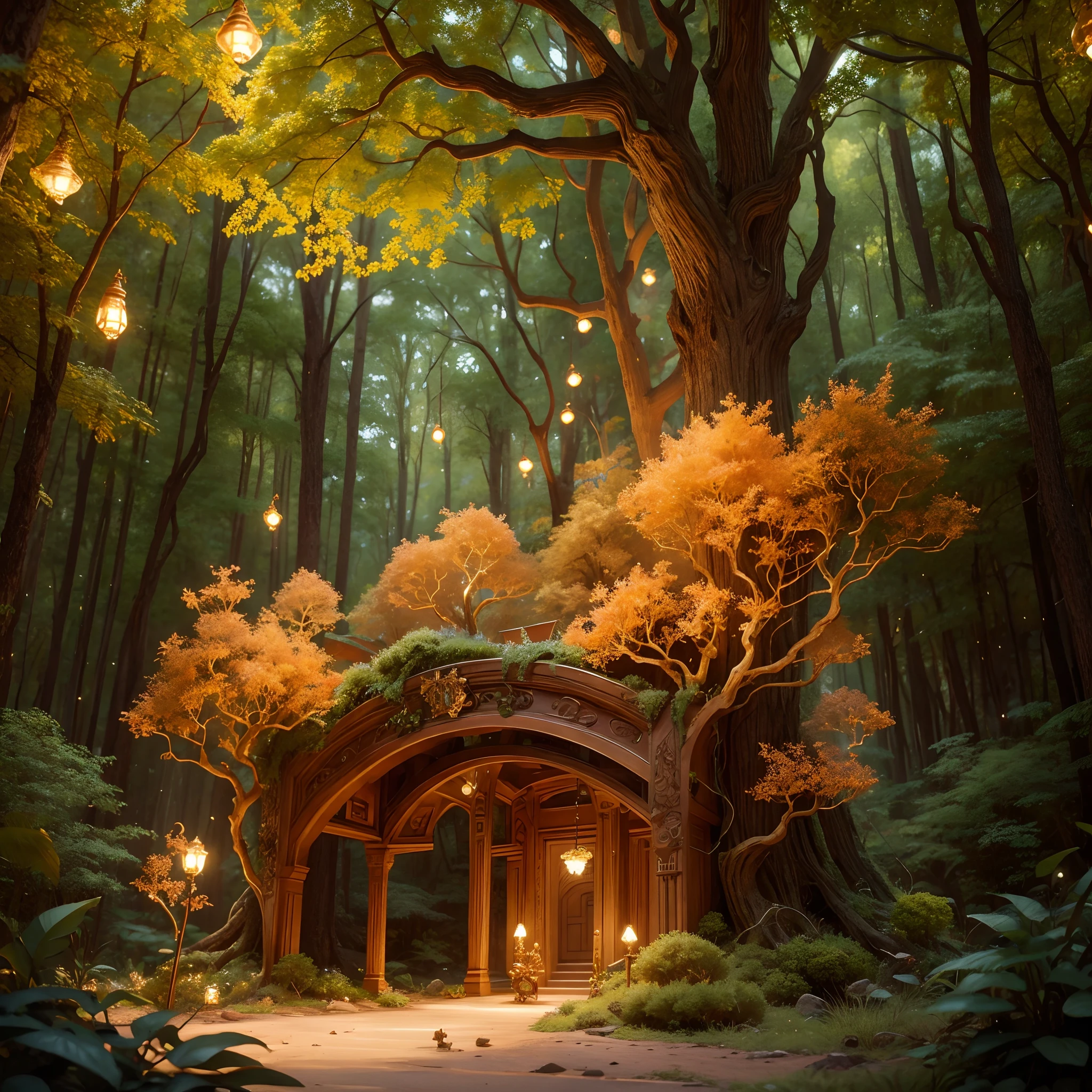 Obra prima, ultra resolution, 8k, melhor qualidade, ultra detalhado,A forest made of relics and golden metals Hyper-detailed parts and scenes, all in stunning detail, ultra-detailed cinematic look Golden forest beautiful dreamy imaginary scene of red hair fireflies flying and shining A cute chibi creature playing in that golden forest with fireflies and a red coat