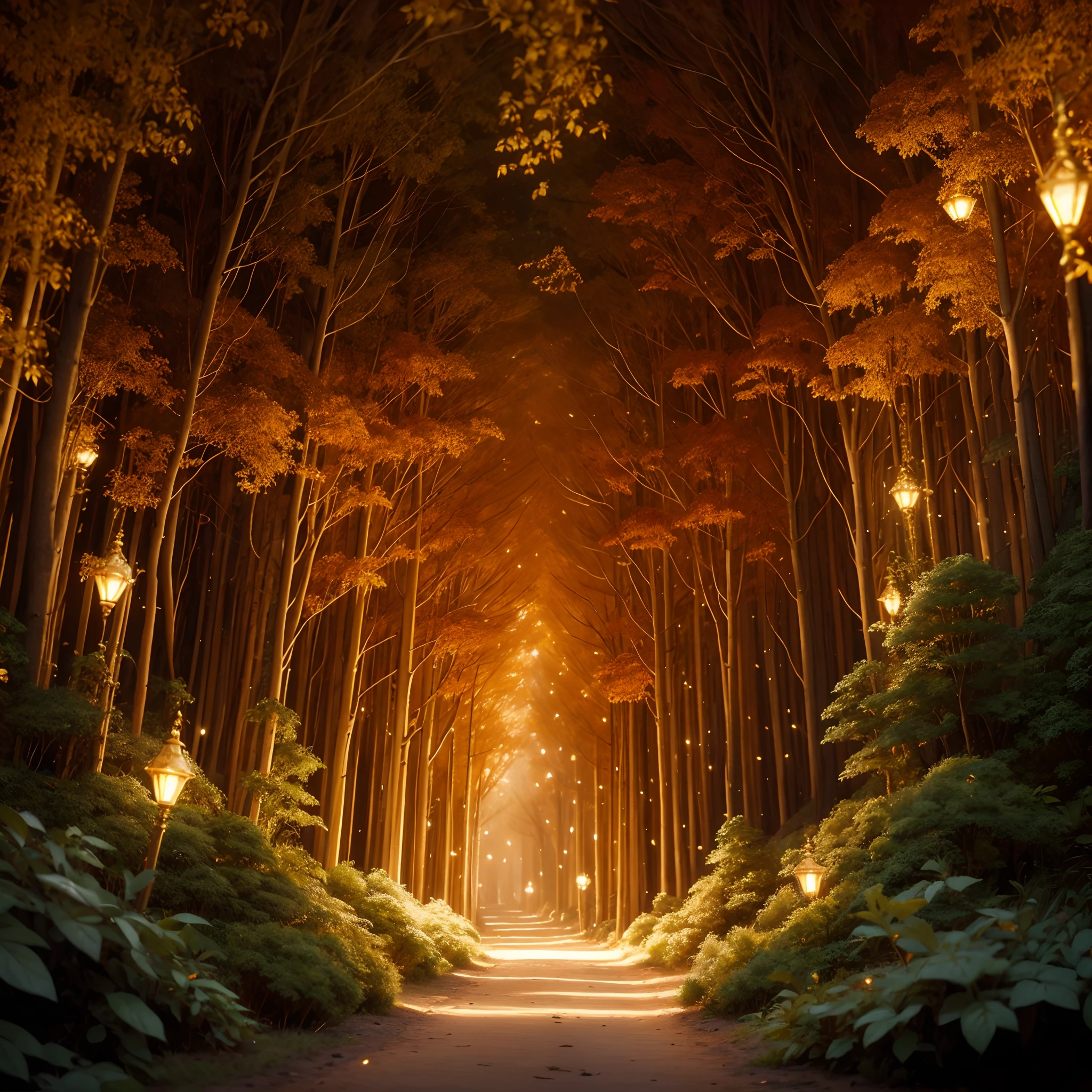 Obra prima, ultra resolution, 8k, melhor qualidade, ultra detalhado,A forest made of relics and golden metals Hyper-detailed parts and scenes, all in stunning detail, ultra-detailed cinematic look Golden forest beautiful dreamy imaginary scene of red hair fireflies flying and shining A cute chibi creature playing in that golden forest with fireflies and a red coat