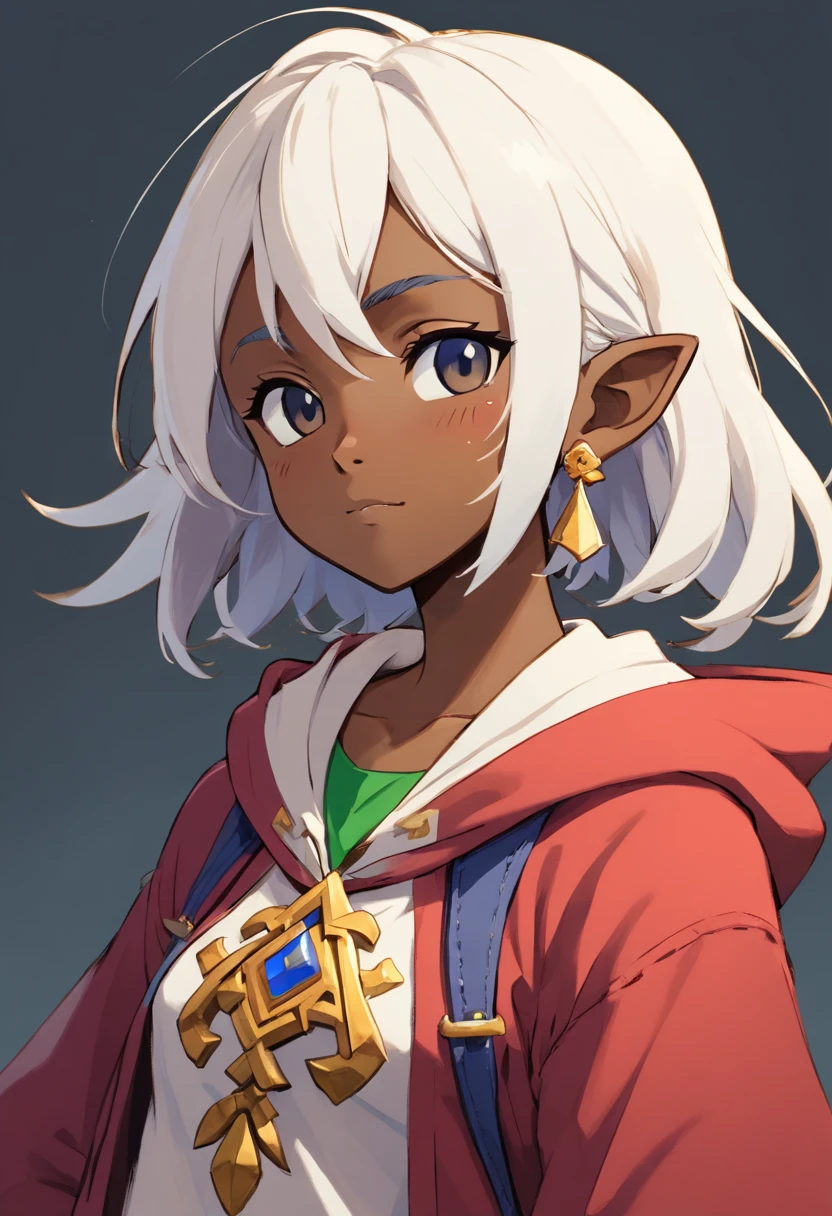(best-quality:0.8), (best-quality:0.8), high resolution, cowboy shot, face focus, masterpiece, 1girl, ((dark skin)), flat chest, solo, (stoic, cold emotion, emotionless), simple background, one color background, contrasting background, (very short hair, white hair), hoodie, denim pants, looking at side , person for the zelda game, the zelda manga, man, zelda character ff, in the style of ian mcque, temmie chang, stylish costume design, romanticized depictions of wilderness, jean-baptiste monge, science academia,