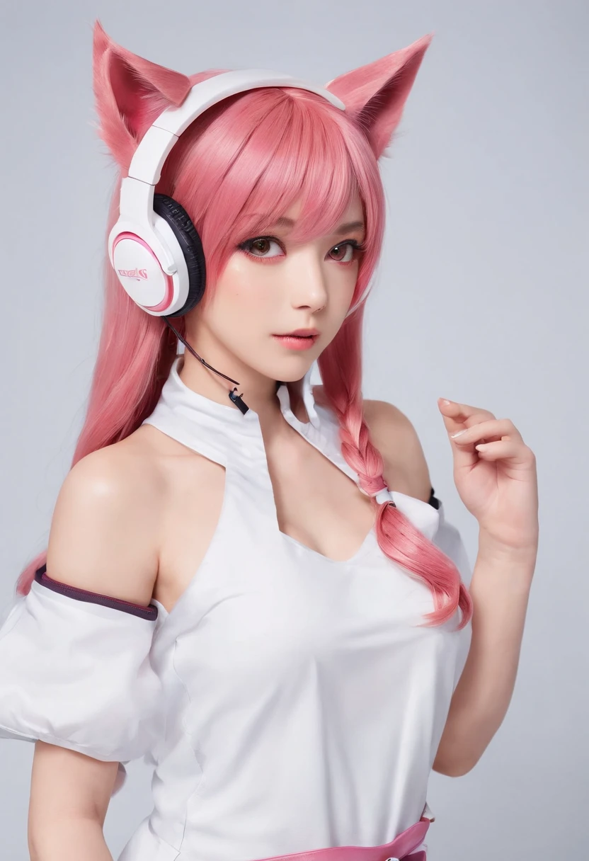 Close-up of a woman with pink hair wearing headphones, Cat ear headphones,Anime girl cosplay,anime vtuber full body model, complete body image, fully body photo, dollpunk, Live2D virtual Youku main model, candy girl, fully body photo. (Best quality,4K,8K,A high resolution,Masterpiece:1.2), Ultra-detailed, (Realistic, Photorealistic, photo-realistic:1.37), hdr, hyper HD, fully body photo,Studio lighting, Ultra-fine painting, Sharp focus, Physically-based rendering, Extreme detail description, professional, Vivid colors, Bokeh. sportrait, Creative photography, Vibrant colors, soft aesthetic, Fantastical Atmosphere, and soft lighting.fully body photo