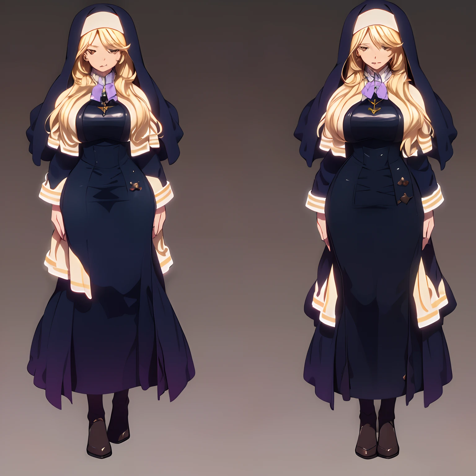 Masterpiece, extremely detailed, Nun, girl, beautiful, the most beautiful girl, long loose golden brown hair, golden eyes, very big breasts, 1.5 meters tall, black habit, short black veil, black shoes, slutty, naughty look, perverted , perfect anatomy, beauty body, full body