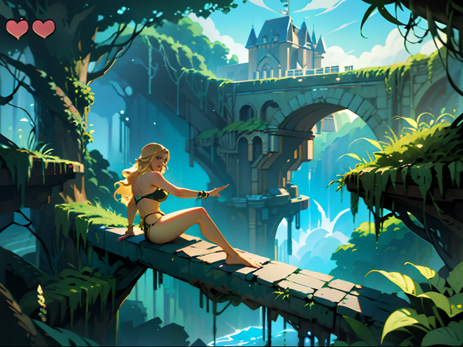 medium long shot of a 2D pixel style video game with a scantily clad blonde female amazon in skimpy clothes on a platform, she is wearing a primitive strapless jungle leotard thong, she has long wavy blonde hair, she has bare feet, beautiful feet, lo-fi retro videogame, videogame still, 2D digital video game art, 1988 video game screenshot, video game still, 8bits videogame, video game texture, video game screenshot, videogame style, screenshot from the game, 2D platformer, 2D game, 2D sidescrolling platformer, jungle platformer, castle platformer,