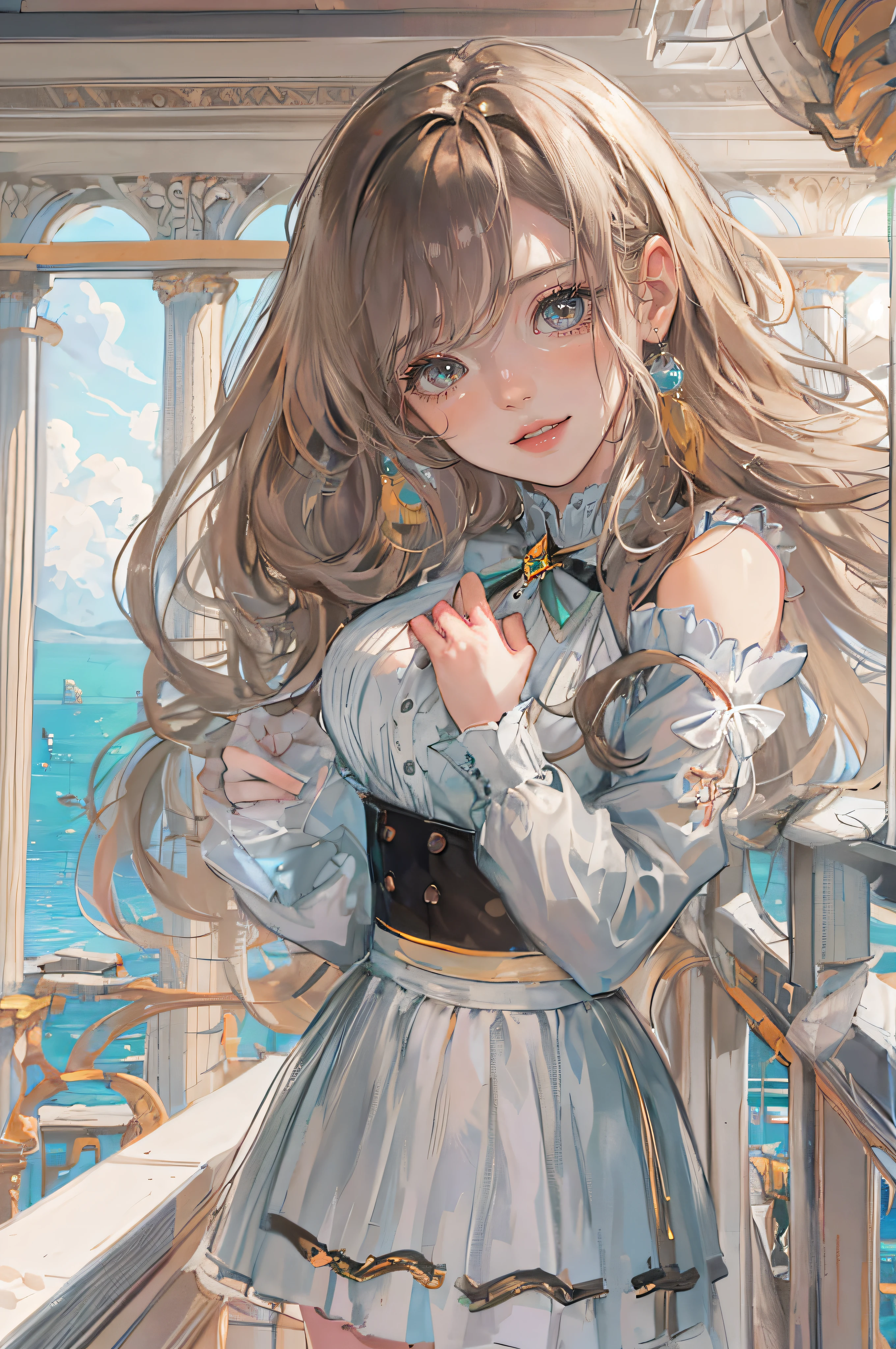 ((A beautiful and cute woman is standing on the terrace)), ((20-year-old beauty)), ((charming smile)), ((shiny long hair)), ((miniskirt)), (( Rich bust)), ((gradient eyes)), ((background is city with sea view)), attractive makeup, single view, NFFSW, UHD, retina, masterpiece, accurate, anatomical, scientifically correct, textured skin, super detail, high detail, high quality, award winning, top quality, high resolution, 1080P, HD, 4K, 8k, 16k