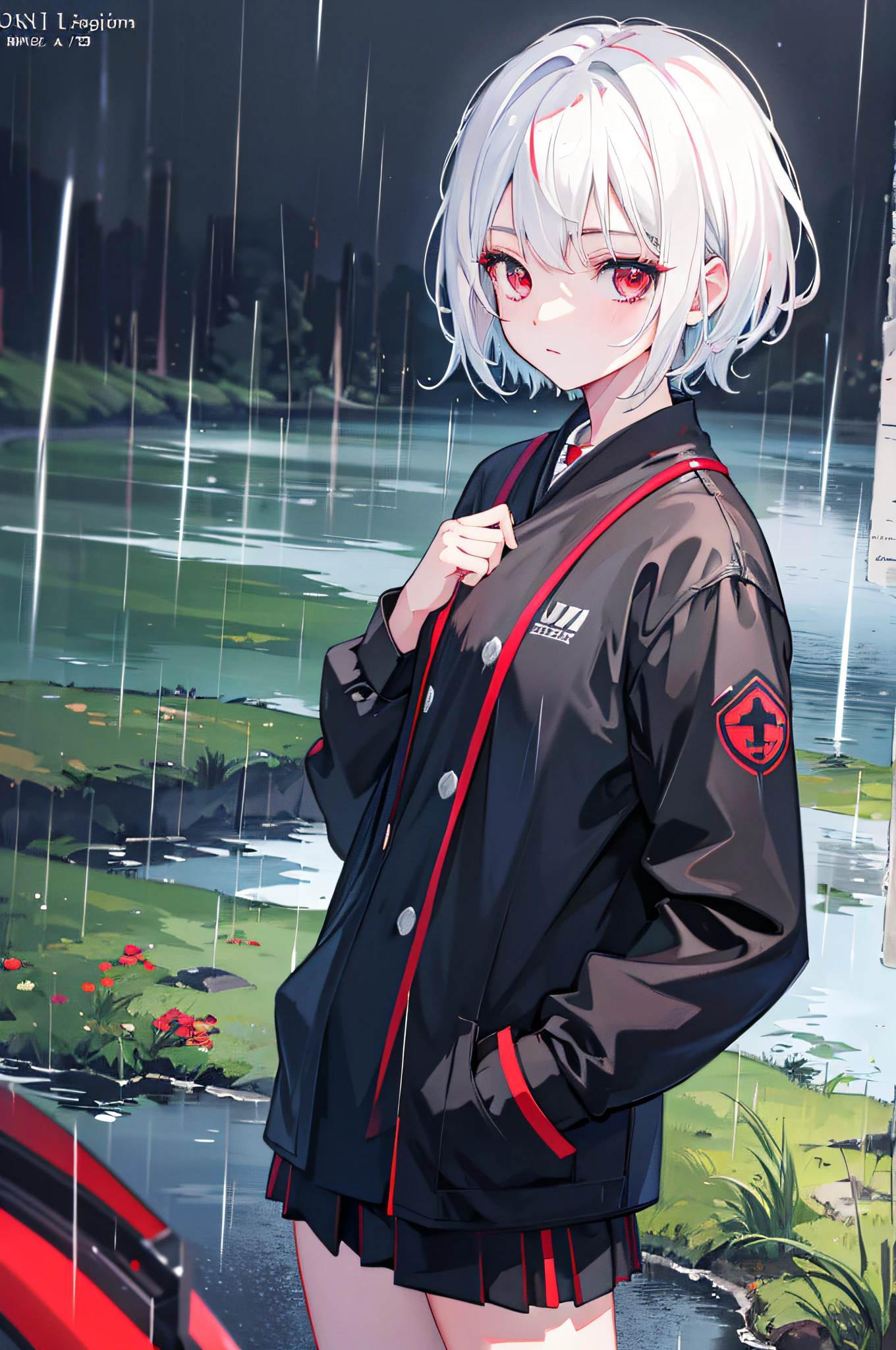 1girl, by a small lake, rain, jk uniform, hands in pockets, white hair, short hair, red eyes, digital painting, detailed background, (best quality, 4k, highres, realistic:1.1), atmospheric lighting, vibrant colors