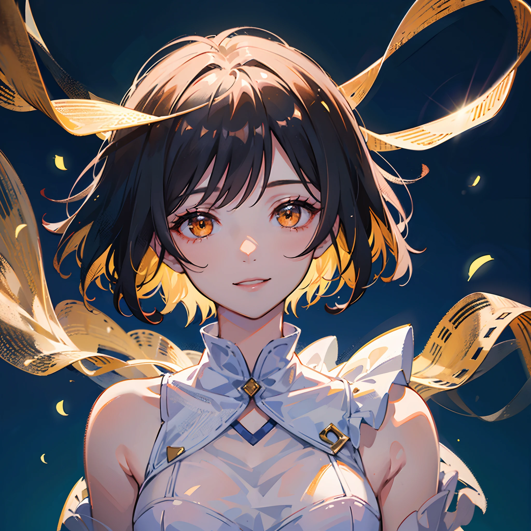 1girl, short black hair, bob cut, orange eyes, medium breast, cheerful smile, wedding dress, dramatic, cinematic, best quality, masterpiece, vivid colors, portrait, moon background, looking at the camera, from the front, 1result, close up