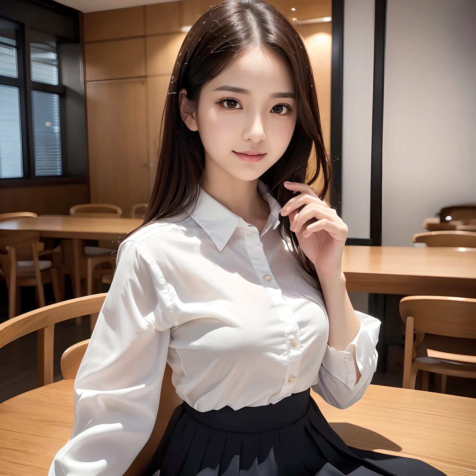 (High quality,4K,8K,hight resolution,masutepiece:1.2),Ultra-detailed,(Realistic,Photorealistic,Photorealsitic:1.37), Portraits, Beautiful detailed eyes, Beautiful detailed lips, Short hair, uniform, 16yo girl, Long hair girl in casual dress sitting in coffee shop, gesture, mare, Professional, Vibrant colors, Soft lighting, subtle shadows, Hair strands, Buttoned shirt, Pleated skirt, breezing, Stunning graceful posture, Confident expression, Expressive eyes, Curved eyelashes, subtle blush, Sparkling Highlights, Sharp details, Soft skin, Precise shading, Bright atmosphere, dynamic compositions, lifelike rendering, small round eyes, Indonesian girls, Attractive small rounded eyes shiny pink lips, Seductive cute smile, Full Portrait、tall、adult lady、女優