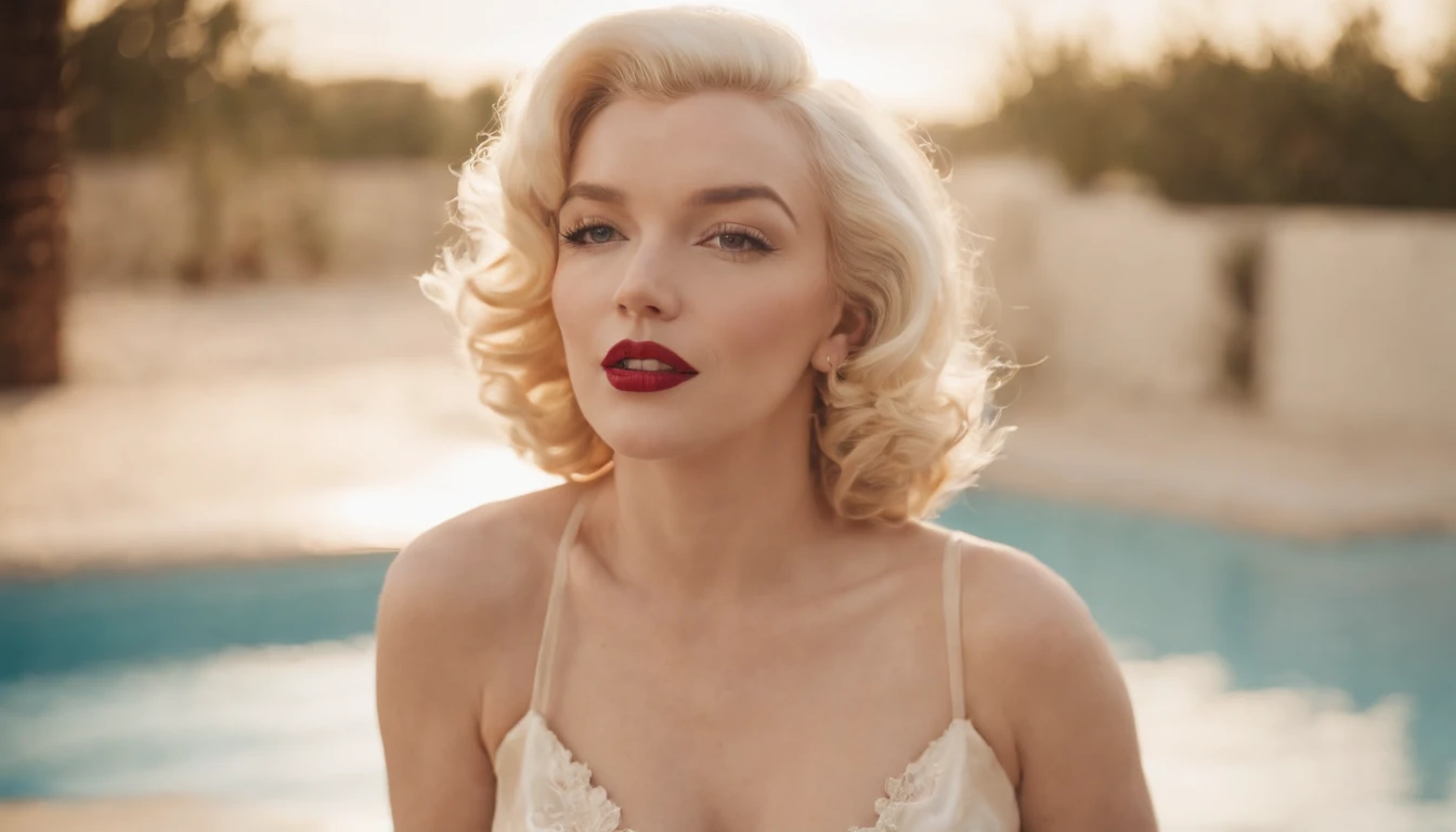 (((Romanticism style))), Marilyn Monroe naked, bottom-back view, naked shoulder, naked feet, blessed and inspiring look, cinematic lights.