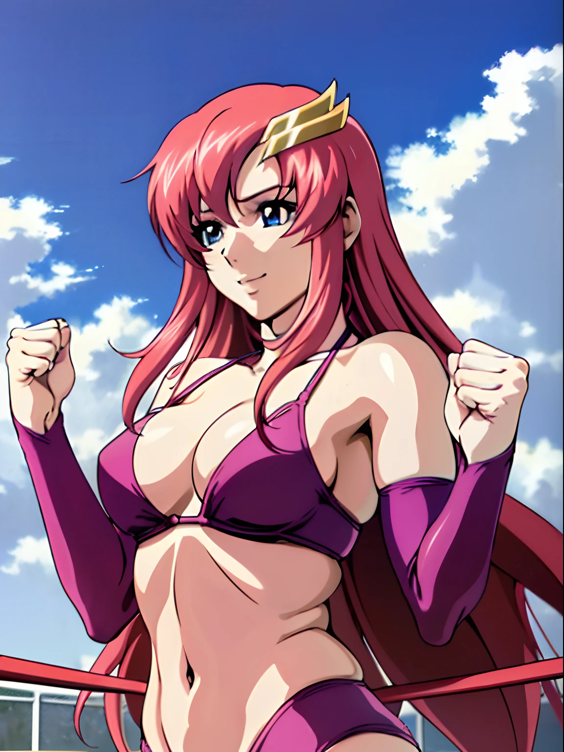 (masterpiece, upper body view, 4K, Best Quality, Anime style: 1.9, , tall, Adult Woman, ultra detailed face, (cloud background, wrestling), Drawing lines, high resolution, Anime, lacus4), 1girl, Solo, curvy figure, Long hair, 鎖骨, scapular, (Detailed wide hair bangs, Hair Ornament, Detailed reddish-pink hair), cleavage, large hands, (female wrestler). (Big blue eyes, shiny eyes), ((closed fists, broad shoulders)), ((perfect proportions, medium breasts, long belly)), (((bikini, pink wrestling gear))), happy, smile,