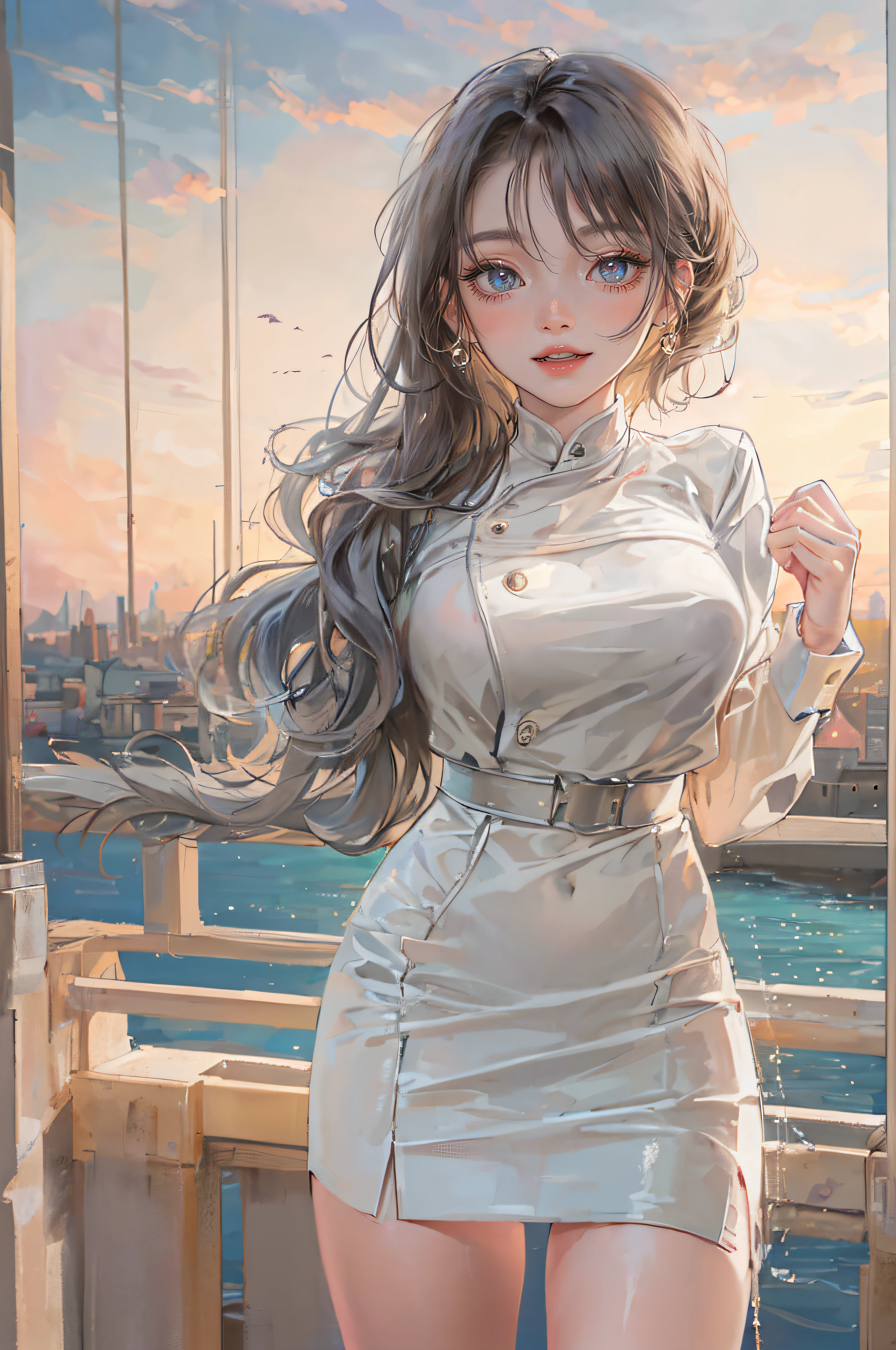 ((A beautiful and cute woman is standing on the terrace)), ((20-year-old beauty)), ((charming smile)), ((shiny long hair)), ((miniskirt)), (( Rich bust)), ((gradient eyes)), ((background is city with sea view)), attractive makeup, single view, NFFSW, UHD, retina, masterpiece, accurate, anatomical, scientifically correct, textured skin, super detail, high detail, high quality, award winning, top quality, high resolution, 1080P, HD, 4K, 8k, 16k