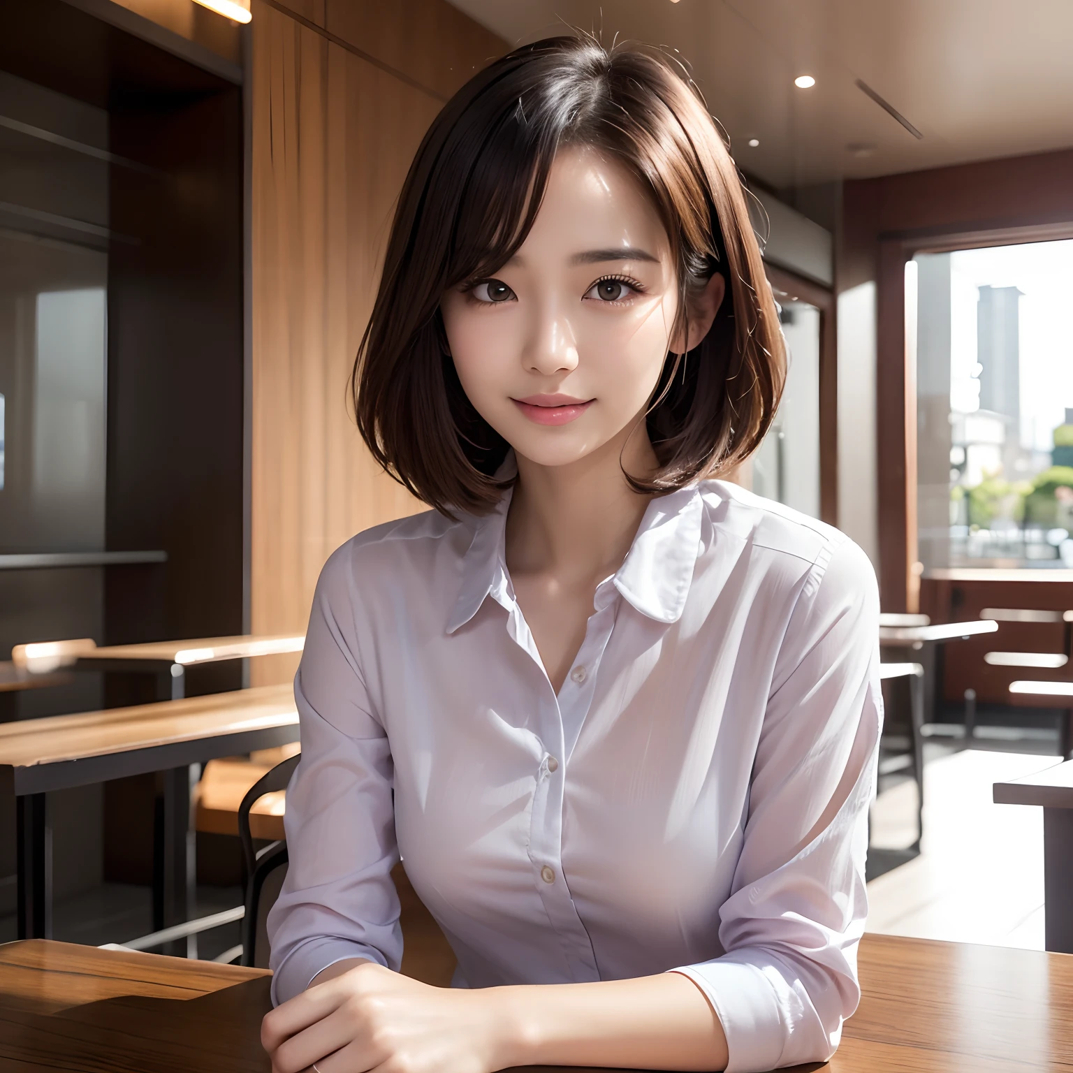 (High quality,4K,8K,hight resolution,masutepiece:1.2),Ultra-detailed,(Realistic,Photorealistic,Photorealsitic:1.37), Portraits, Beautiful detailed eyes, Beautiful detailed lips, Short hair, uniform, girl, Long hair girl in casual dress sitting in coffee shop, gesture, mare, Professional, Vibrant colors, Soft lighting, subtle shadows, Hair strands, Buttoned shirt, Pleated skirt, breezing, Stunning graceful posture, Confident expression, Expressive eyes, Curved eyelashes, subtle blush, Sparkling Highlights, Sharp details, Soft skin, Precise shading, Bright atmosphere, dynamic compositions, lifelike rendering, small round eyes, Indonesian girls, Attractive small rounded eyes shiny pink lips, Seductive cute smile, Full Portrait、tall、