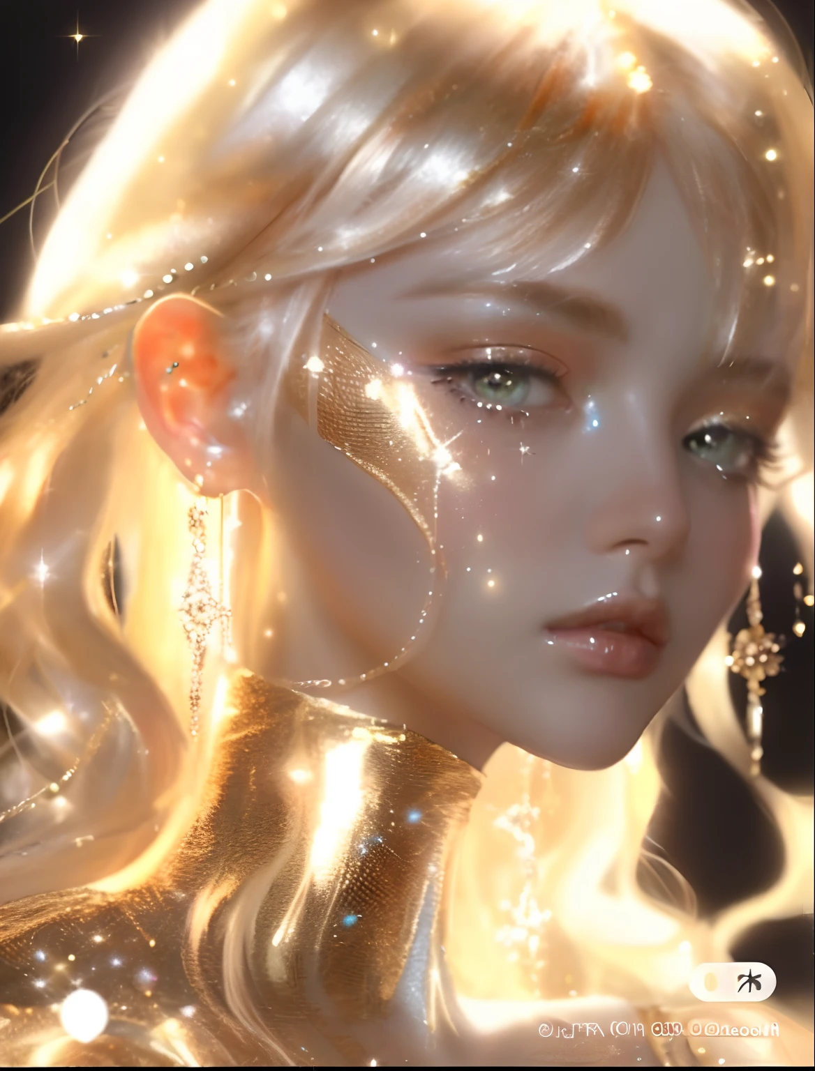 a close up of a woman with a gold face and a gold dress, glowing magical shiny skin, ethereal gold and silver tones, glossy digital painting, glowing porcelain skin, glowing golden aura, 8k high quality detailed art, glittering and soft, draped in shiny golden oil, beautiful digital artwork, ethereal!!! ultra realistic, she has elf ears and gold eyes (portrait 1:1)