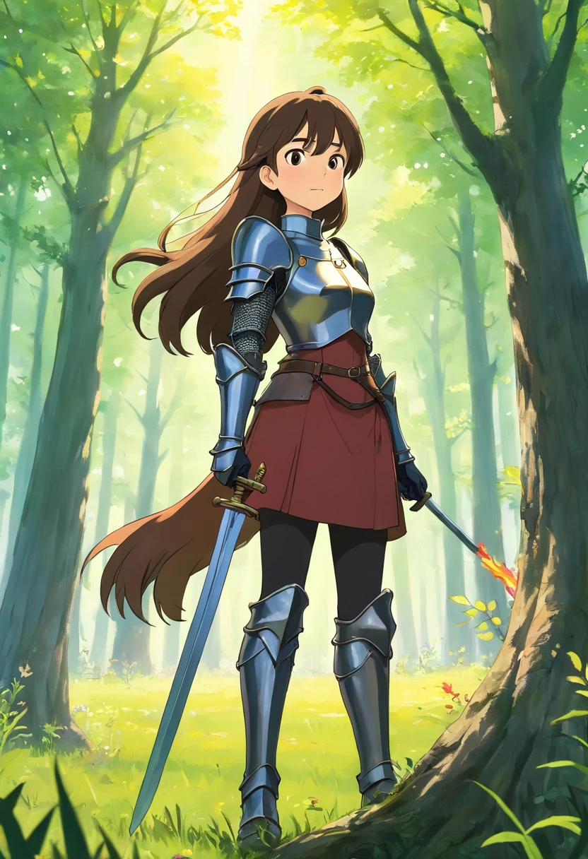 1girl, long brown hair, brown eyes, wearing sliver medieval knights armor, armor gloves, black leather boots, right arm raised, holding a sword made of fire, in a open field, small tree stump nearby, surrounded by forest, trees, spring, morning, absurdres, high res, ultrasharp, 8k, masterpiece, looking at viewer.