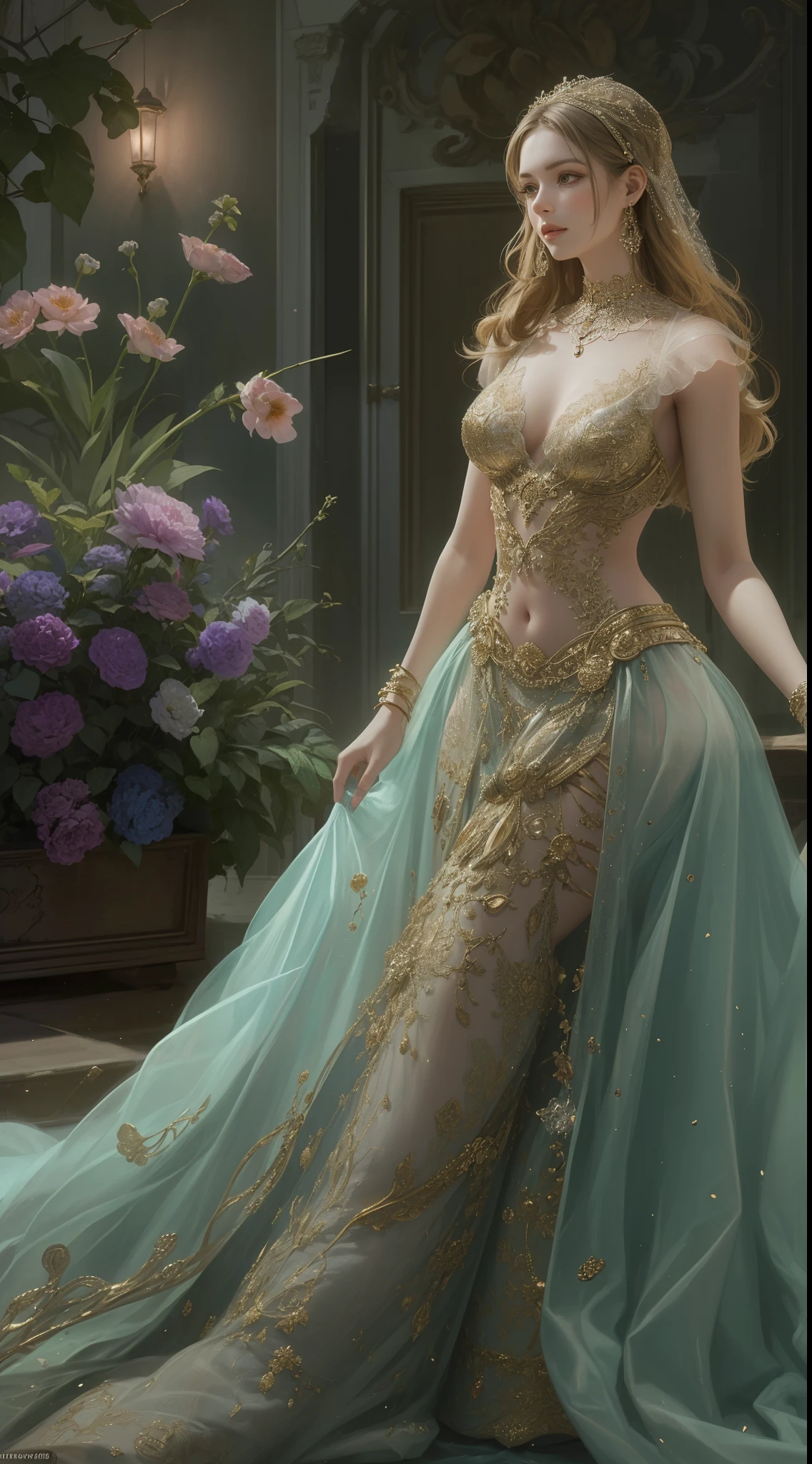 (Best quality,8K,A high resolution,Masterpiece:1.2),Ultra-detailed,(Realistic,Photorealistic,photo-realistic:1.37),Portrait,Creative style artwork,Historical,classical,Sophisticated,plethora of colors,Highly detailed,Soft lighting,luxurious environment,detailed gown,Vibrant flowers,detailed jewellery,Ethereal atmosphere,Elegant Pose,Graceful curves,Gold body proportions，Flowing hair,Breathtaking textile patterns,Harsh purple eyes,Delicate floral decoration,A dazzling array of crystal accessories,Mysterious and dreamy atmosphere,Impeccable attention to detail.