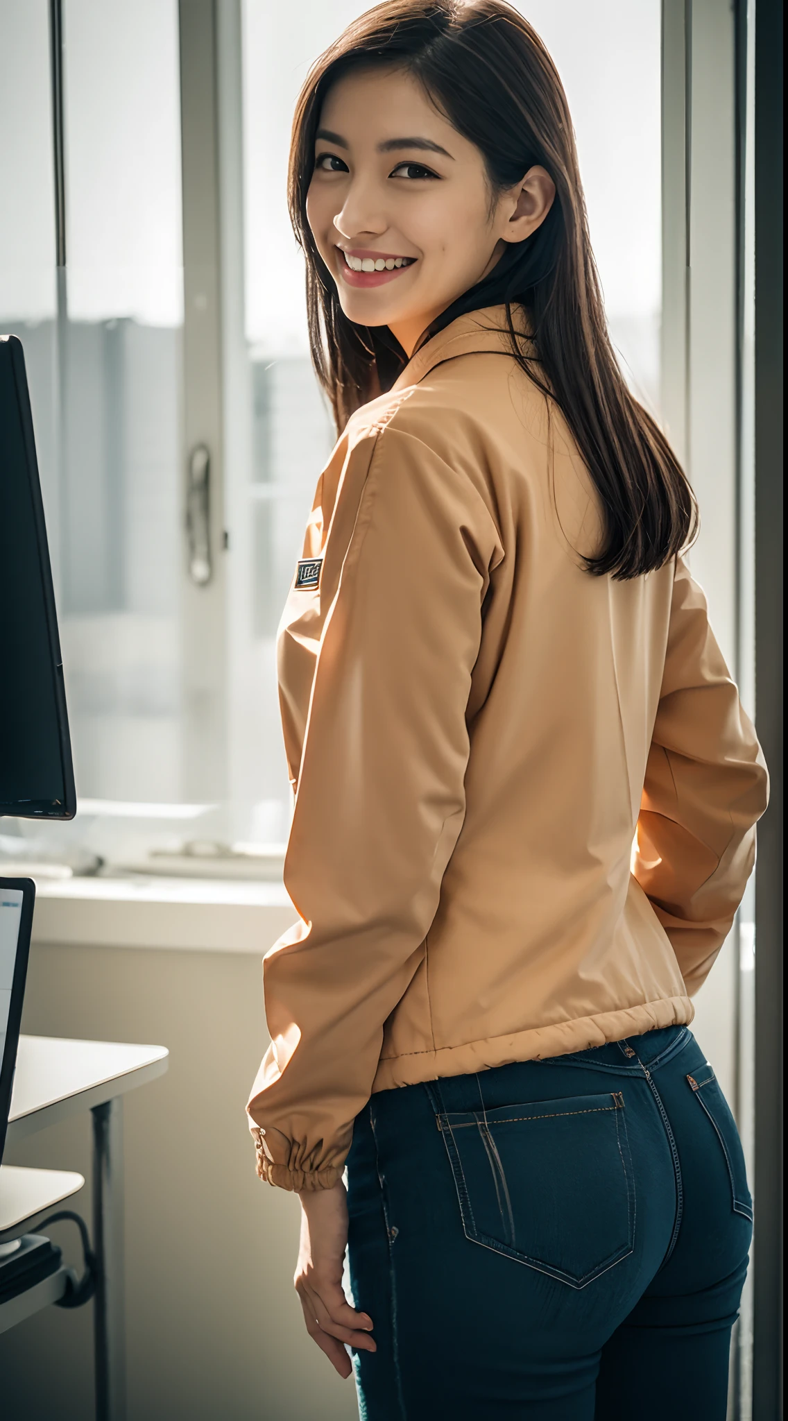 masutepiece, Best Quality, 超A high resolution,(photographrealistic:1.4) (depth of fields),(Lens Glow) , jaket:1.5、Inside the office:1.5、a Pretty Japanese woman1a person:1.5、tinkering、Sexy ass:1.5、smil、(Workwear:1.5)、put hands on the hip、