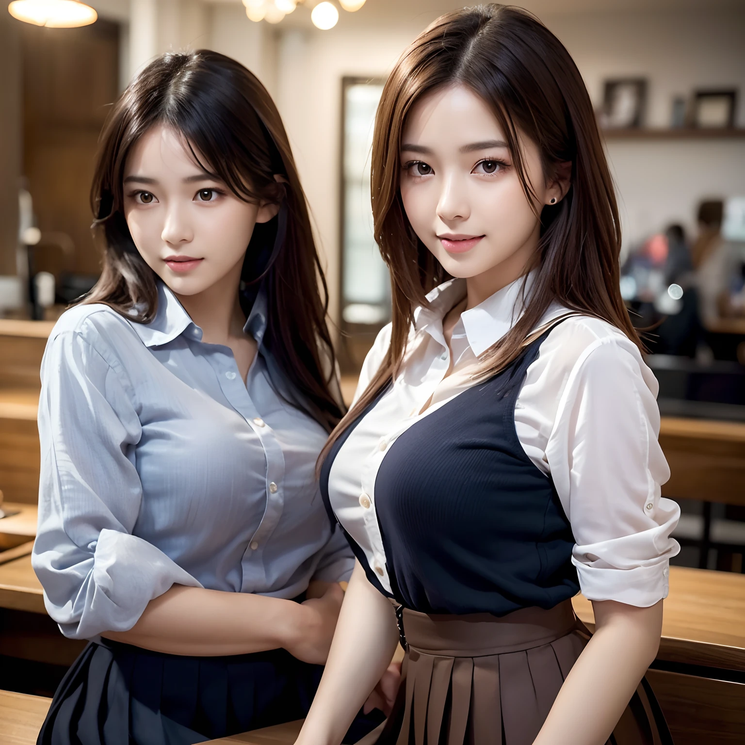 (High quality,4K,8K,hight resolution,masutepiece:1.2),Ultra-detailed,(Realistic,Photorealistic,Photorealsitic:1.37), Portraits, Beautiful detailed eyes, Beautiful detailed lips, Short hair, uniform, 16yo girl, Long hair girl in casual dress sitting in coffee shop, gesture, mare, Professional, Vibrant colors, Soft lighting, subtle shadows, Hair strands, Buttoned shirt, Pleated skirt, breezing, Stunning graceful posture, Confident expression, Expressive eyes, Curved eyelashes, subtle blush, Sparkling Highlights, Sharp details, Soft skin, Precise shading, Bright atmosphere, dynamic compositions, lifelike rendering, small round eyes, Indonesian girls, Attractive small rounded eyes shiny pink lips, Seductive cute smile, Full Portrait、tall、adult lady、女優