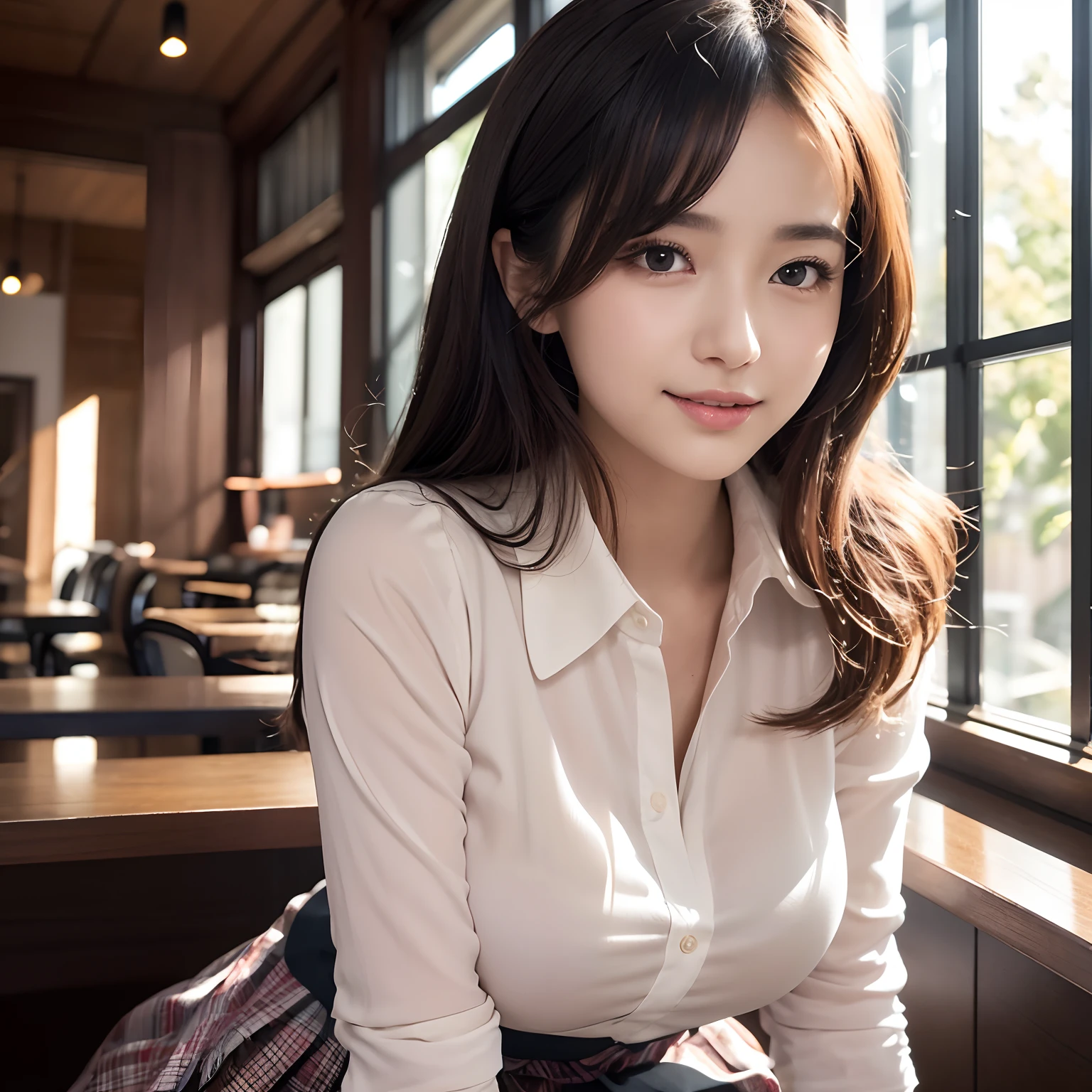 (High quality,4K,8K,hight resolution,masutepiece:1.2),Ultra-detailed,(Realistic,Photorealistic,Photorealsitic:1.37), Portraits, Beautiful detailed eyes, Beautiful detailed lips, Short hair, uniform, girl, Long hair girl in casual dress sitting in coffee shop, gesture, mare, Professional, Vibrant colors, Soft lighting, subtle shadows, Hair strands, Buttoned shirt, Pleated skirt, breezing, Stunning graceful posture, Confident expression, Expressive eyes, Curved eyelashes, subtle blush, Sparkling Highlights, Sharp details, Soft skin, Precise shading, Bright atmosphere, dynamic compositions, lifelike rendering, small round eyes, Indonesian girls, Attractive small rounded eyes shiny pink lips, Seductive cute smile, Full Portrait、tall、adult lady、女優
