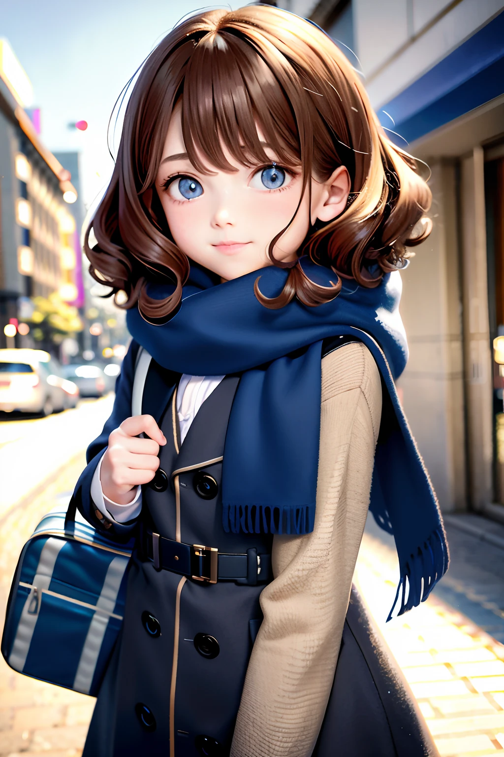 best quality, tmasterpiece, with curly brown hair, blueneyes, head looking up, The upper part of the body,Light-colored coat,Blue scarf,wearing school bag