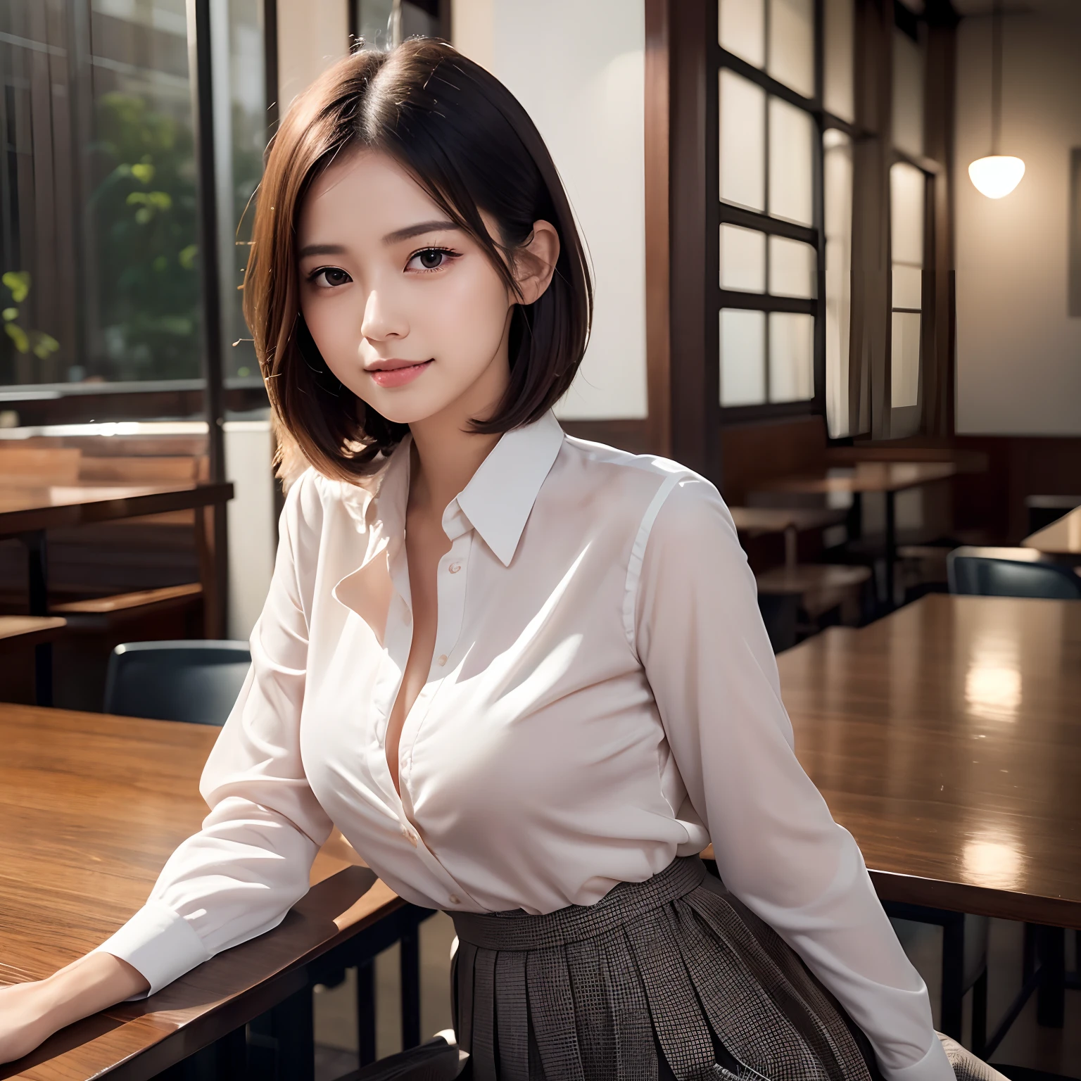 (High quality,4K,8K,hight resolution,masutepiece:1.2),Ultra-detailed,(Realistic,Photorealistic,Photorealsitic:1.37), Portraits, Beautiful detailed eyes, Beautiful detailed lips, Short hair, uniform, 16yo girl, Long hair girl in casual dress sitting in coffee shop, gesture, mare, Professional, Vibrant colors, Soft lighting, subtle shadows, Hair strands, Buttoned shirt, Pleated skirt, breezing, Stunning graceful posture, Confident expression, Expressive eyes, Curved eyelashes, subtle blush, Sparkling Highlights, Sharp details, Soft skin, Precise shading, Bright atmosphere, dynamic compositions, lifelike rendering, small round eyes, Indonesian girls, Attractive small rounded eyes shiny pink lips, Seductive cute smile, Full Portrait、tall、adult lady、女優