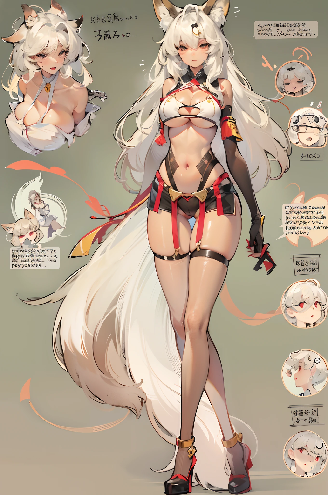 a beauty girl,Mature face,a matural female,Fluffy tail hair,Ultra-loose underwear,clothes slipping off,Anterior convex and posterior,Straight chest,Ruddy complexion,Huge fox tail,nabel,(huge tit),adventurer,tit,areola of breast,pantiess,Stockings,Character introduction,(痴女),(huge tit),((Pubic bone)),People panel,Character standing drawing,(Warrant)