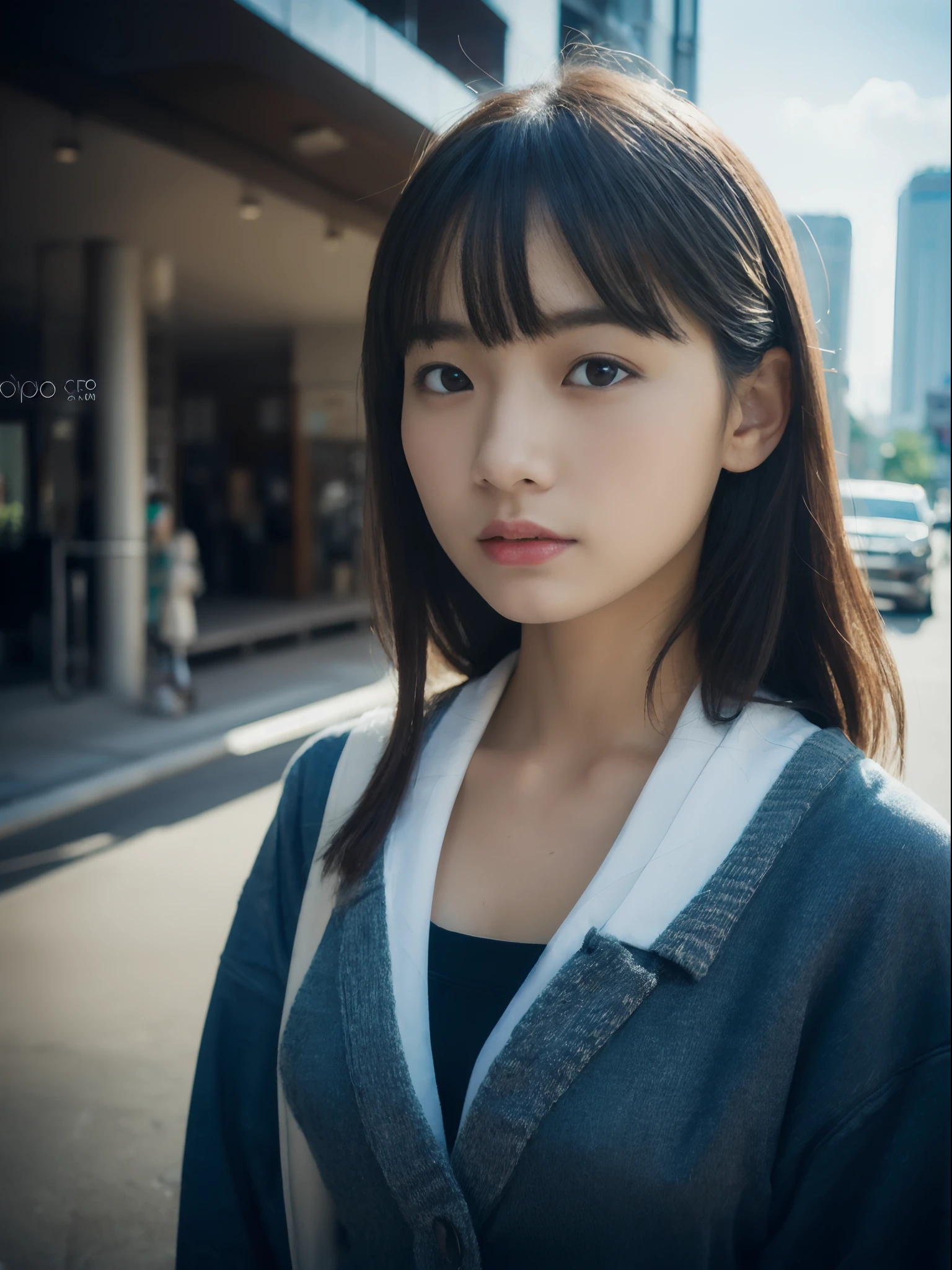 photographrealistic:1.4), (Hyper realistic:1.4), (Realistic:1.3), (Smoother lighting:1.05), 32K, 1 Japan Choves Girl,a 18 year old girl, She wears hero's clothes,Realistic lighting, Light on Face, raytrace, (Brightening light:1.2), (Increase quality:1.4), (Top quality real texture skins:1.4), finely detailed eyes, finerly detailed face,Full body shot, plein air,cloudy,big city