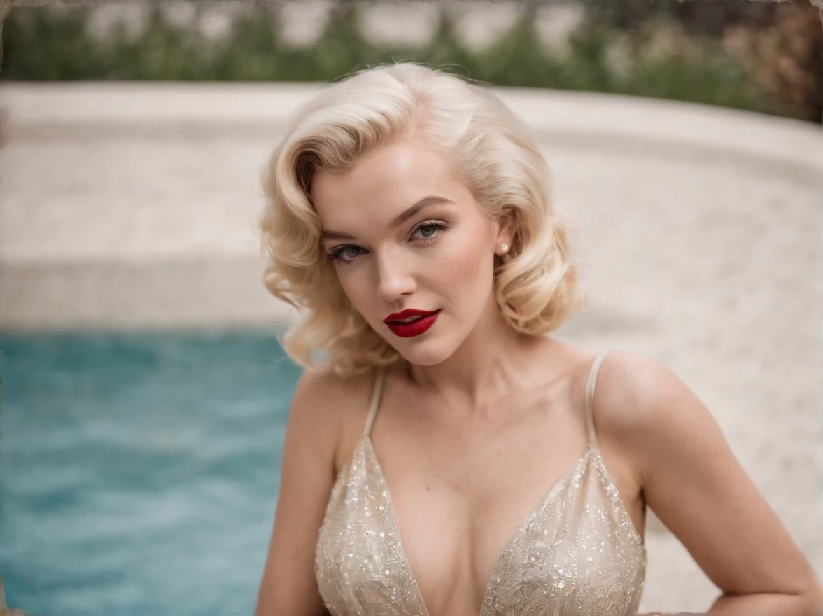 Marilyn Monroe sat by the pool,Full body photo,Silk slip dress,The skirt corner flew up,Cover your skirt,American street view,early evening,Backlight,sandbeach,Pose sexy seduction