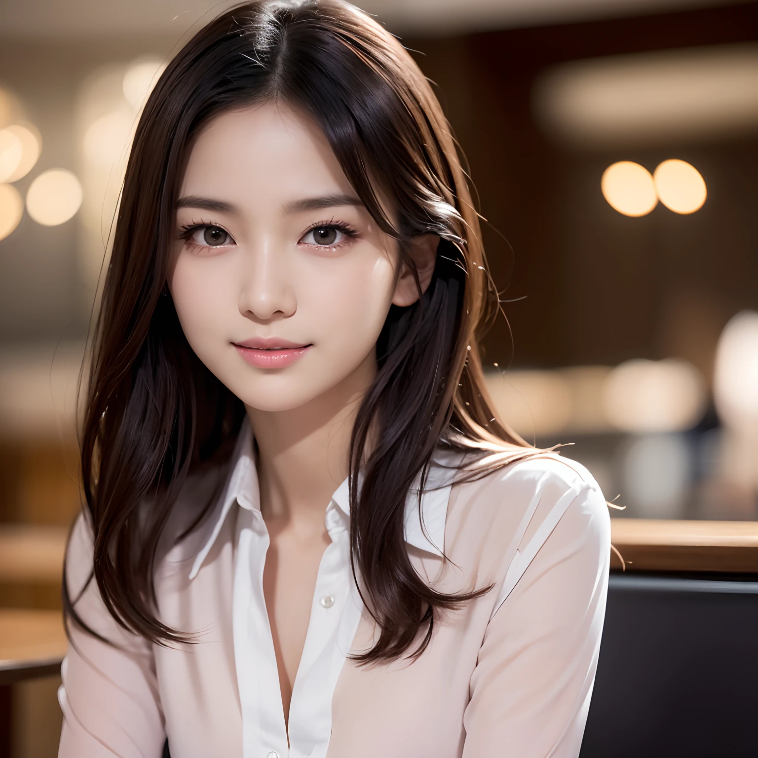 (High quality,4K,8K,hight resolution,masutepiece:1.2),Ultra-detailed,(Realistic,Photorealistic,Photorealsitic:1.37), Portraits, Beautiful detailed eyes, Beautiful detailed lips, Short hair, uniform, 16yo girl, Long hair girl in casual dress sitting in coffee shop, gesture, mare, Professional, Vibrant colors, Soft lighting, subtle shadows, Hair strands, Buttoned shirt, Pleated skirt, breezing, Stunning graceful posture, Confident expression, Expressive eyes, Curved eyelashes, subtle blush, Sparkling Highlights, Sharp details, Soft skin, Precise shading, Bright atmosphere, dynamic compositions, lifelike rendering, small round eyes, Indonesian girls, Attractive small rounded eyes shiny pink lips, Seductive cute smile, Full Portrait、tall、adult lady、女優