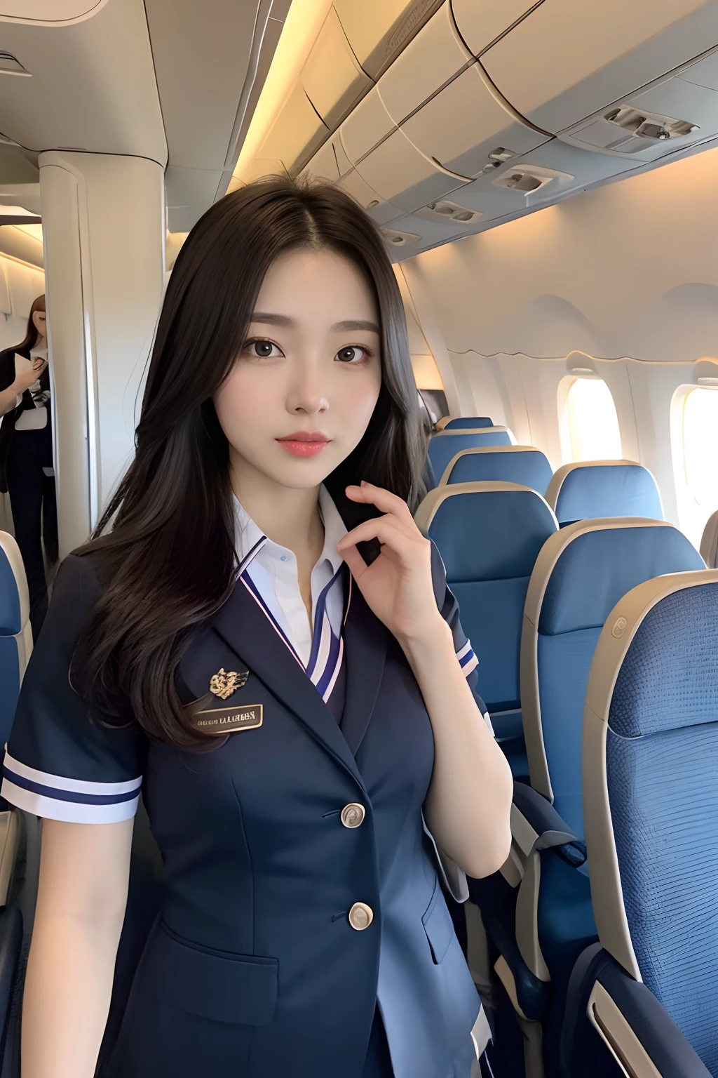 Top Quality, Masterpiece, 8K, Ultra High Definition, (Photorealistic: 1.4), 1 Girl, Beautiful Face, Symmetrical Eyes, Big, Perfect Body Proportions, Stewardess Uniform, Viewer's Look, (Inside the Airplane: 1.2), Front View, Shoulder Jump, Absolute Area (1.3),