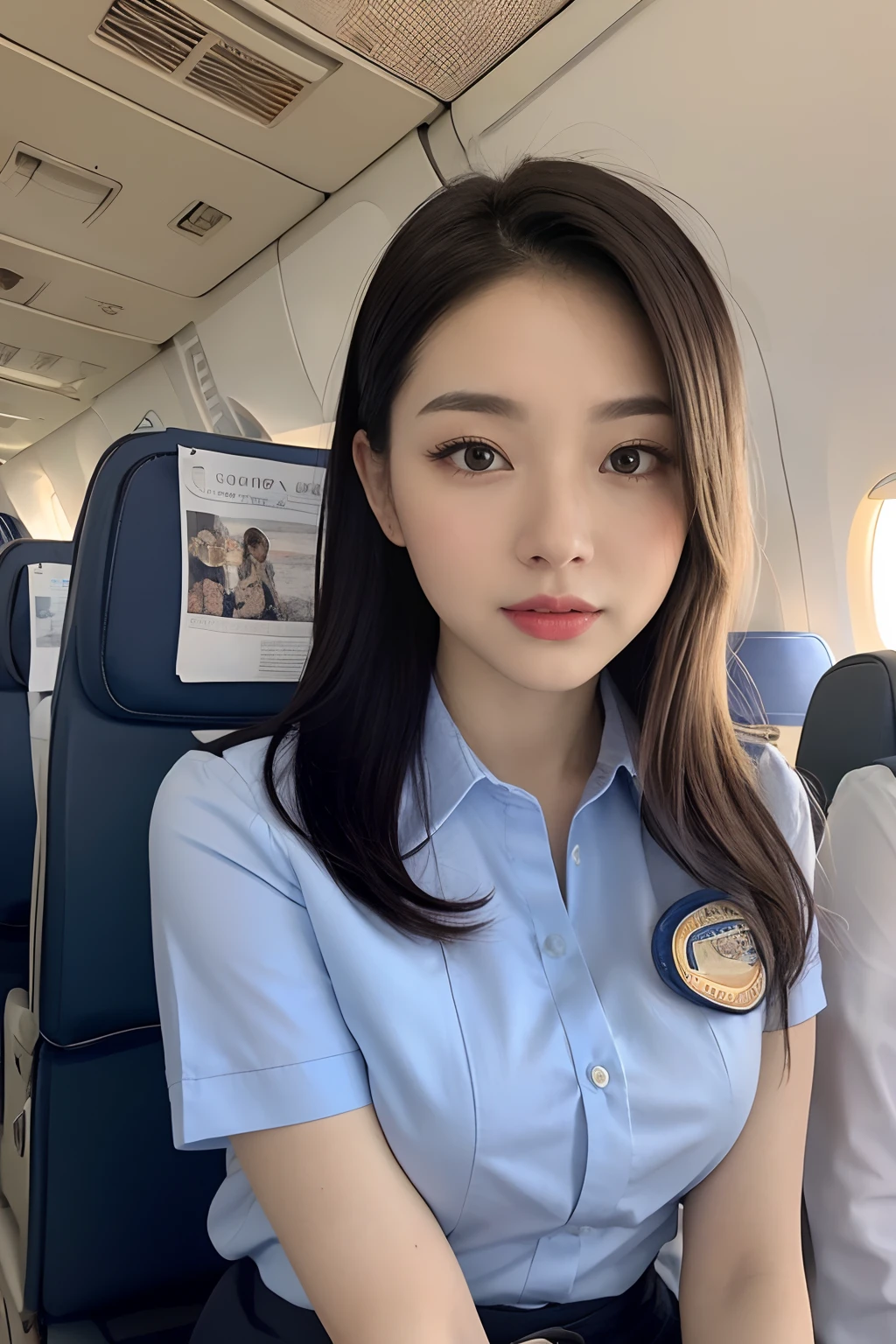 Top Quality, Masterpiece, 8K, Ultra High Definition, (Photorealistic: 1.4), 1 Girl, Beautiful Face, Symmetrical Eyes, Big, Perfect Body Proportions, Stewardess Uniform, Viewer's Look, (Inside the Airplane: 1.2), Front View, Shoulder Jump, Absolute Area (1.3),