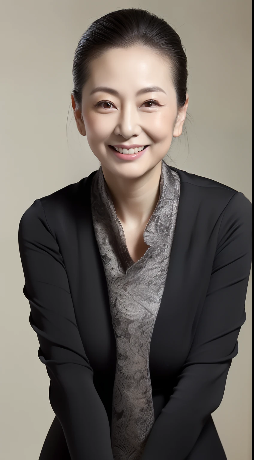 Masterpiece,Best quality, (maam. clerk:1), ((Portrait:1.3)), Cross arms, Smile,Gray library,Long legs,skin hyper-detail,Clear pores,in a panoramic view,Cocked buttocks,black lence stockings,(((Beautiful young Japanese woman over 50 years old, Perfect face, Fantastic look, (Detailed facial features), Clean and nice face)))