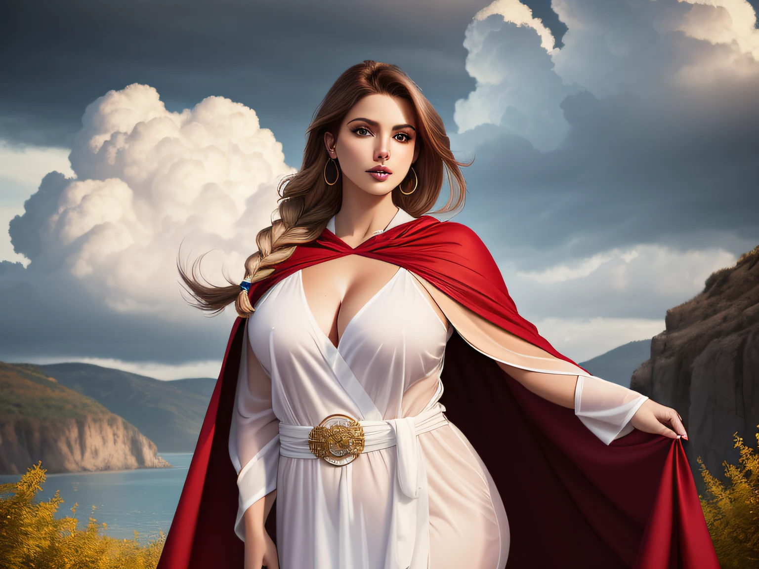Orithia. Not safe for work. Realistic photo. Photo from the waist up. Orithia. Beautiful woman with pale skin, long, braided blonde hair. Face of Luciana Salazar. Curvy body. She wears sheer white robes with a red cape from ancient Greece. Summer open background with a cloudy sky. The wind moves her clothes, her hair and the leaves in the environment.... ((Masterpiece)). Professional photography, ultra-sharp focus. Analog RAW photography, 80mm f2.8 lens, Best quality, Ultra detailed, 64k, Intricate details, Fine detail, Detailed rendering, Realistic detail. Detailed hands, perfect eyes, detailed face, natural pose.