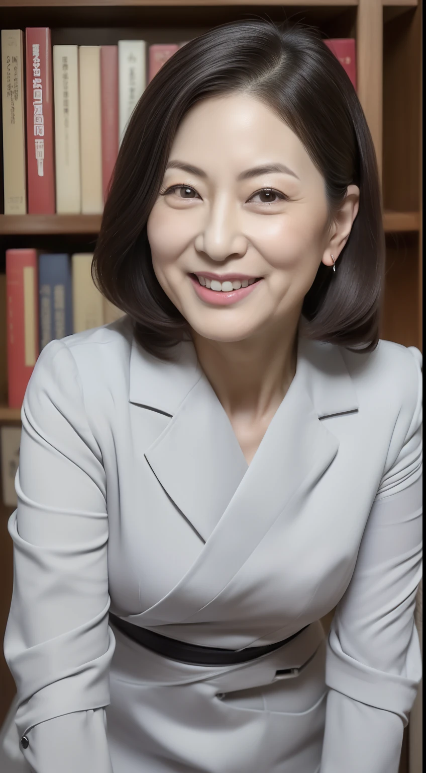 Masterpiece,Best quality, (maam. clerk:1), ((Portrait:1.3)), Cross arms, Smile,Gray library,Long legs,skin hyper-detail,Clear pores,in a panoramic view,Cocked buttocks,black lence stockings,(((Beautiful young Japanese woman over 50 years old, Perfect face, Fantastic look, (Detailed facial features), Clean and nice face)))