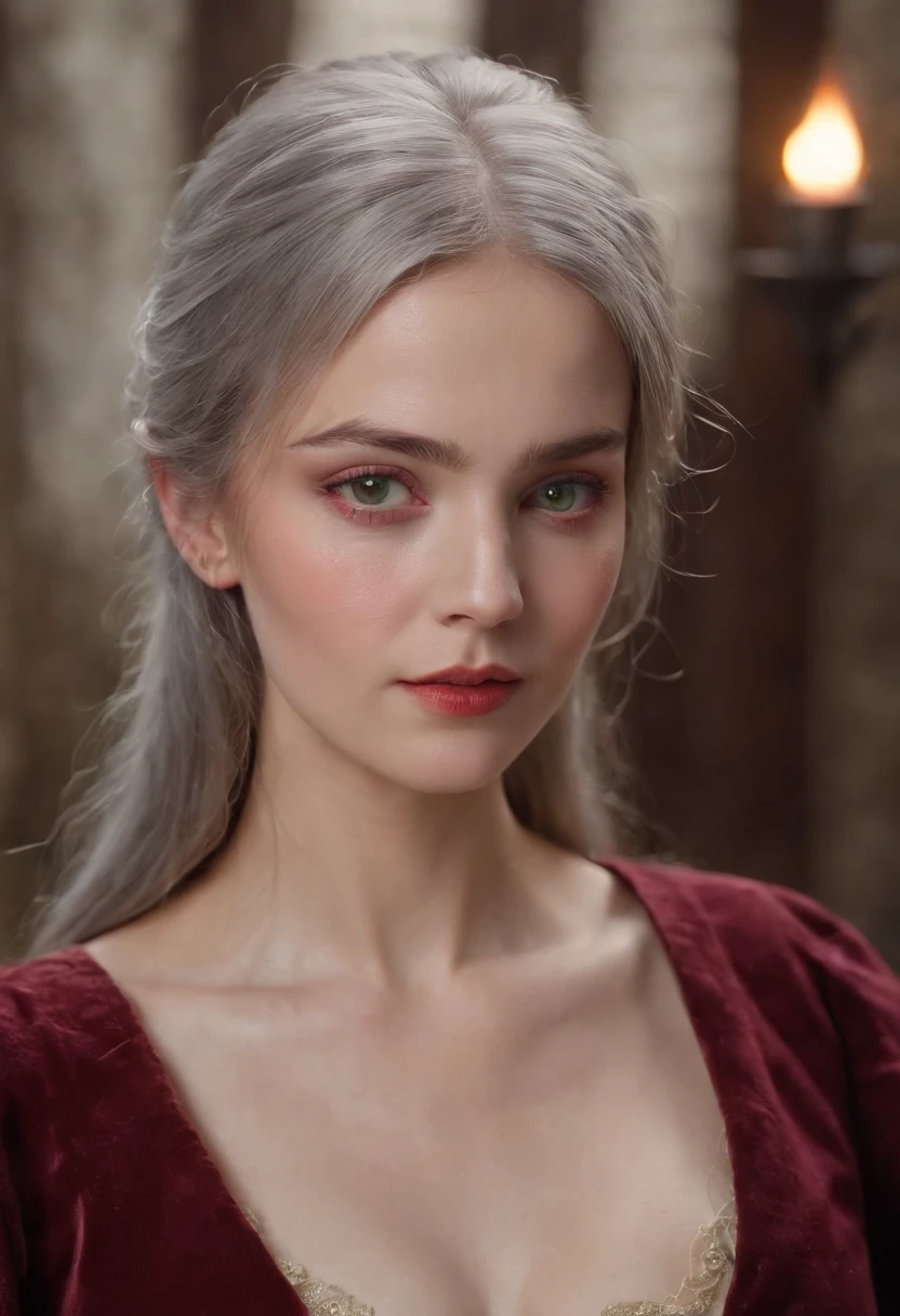 (((A deep red wound streaked across her left cheek))) Fair complexion, A woman around 19 years old, Natural gray hair, Unique green eyes, Wear Cole, Slender and graceful, Beautiful, F cup breasts，Half of the breasts are exposed，Candlelight in a medieval setting, super sharp focus, realistic lens, Medieval women's clothing, Four colors (Scar:1.4)