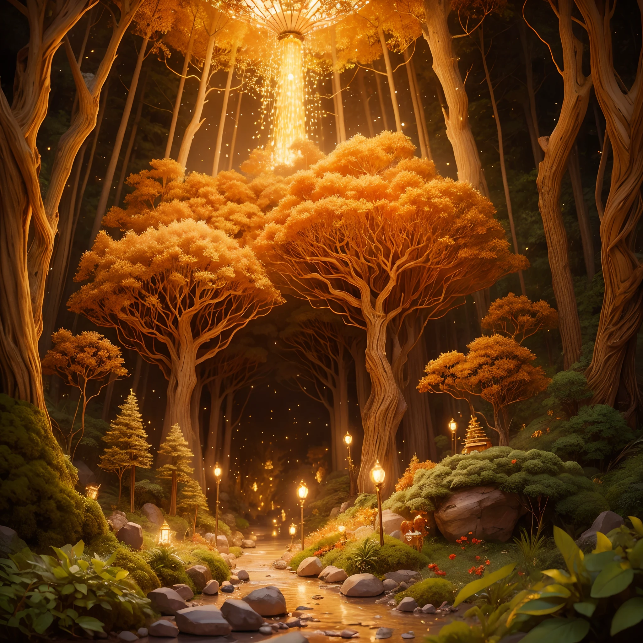 Obra prima, ultra resolution, 8k, melhor qualidade, ultra detalhado,A forest made of relics and golden metals Hyper-detailed parts and scenes, all in stunning detail, ultra-detailed cinematic look Golden forest beautiful dreamy imaginary scene of red hair fireflies flying and shining A cute chibi creature playing in that golden forest with fireflies and a red coat