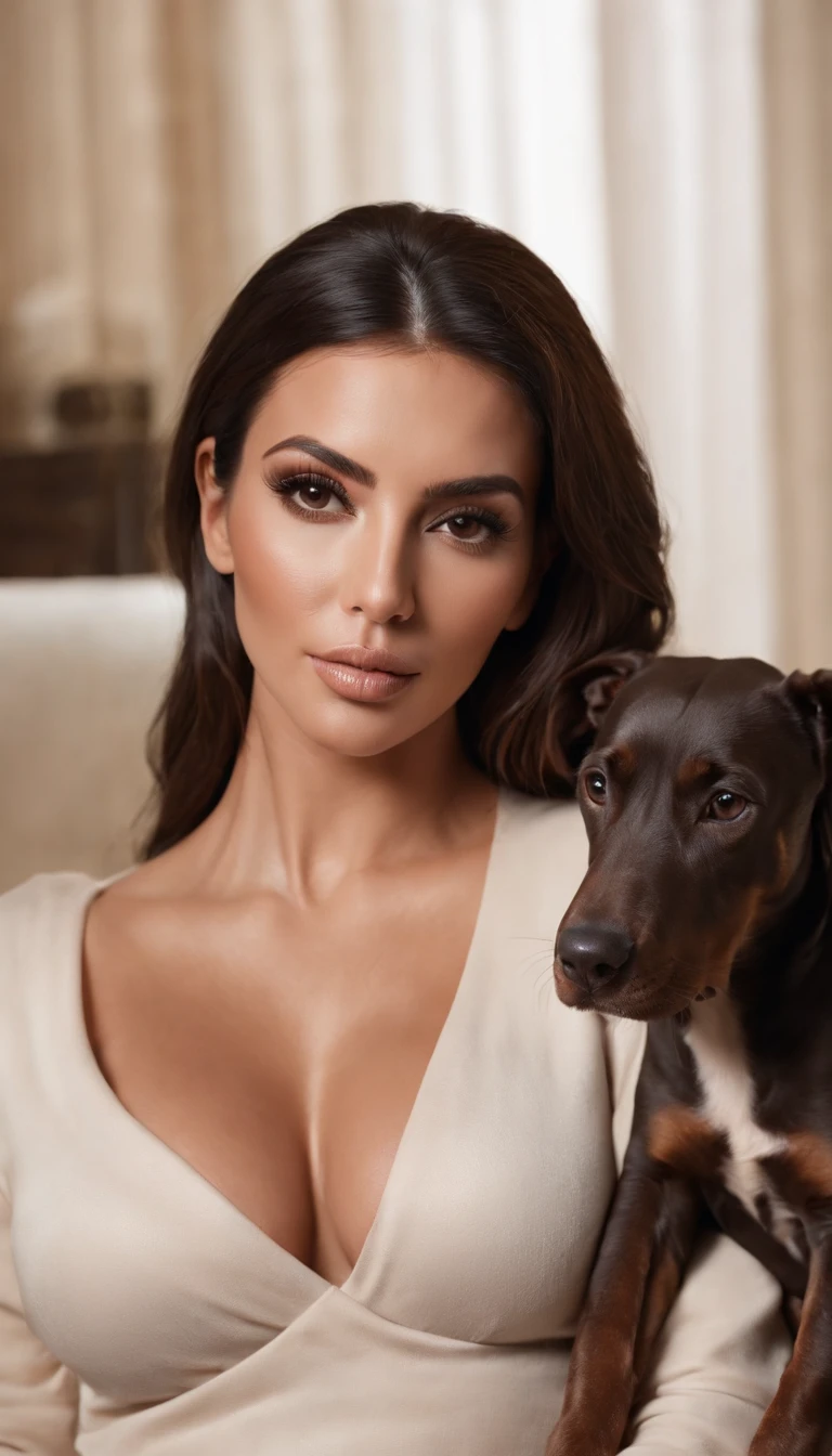 Kim kardashian y su doberman pasando el rato en la sala de estar, Acogedora noche de invierno, pasar un buen rato, Very realistic photography, Expresiones faciales detalladas, ojos realistas, Sin marca de agua, Canon Photography, 50 mm