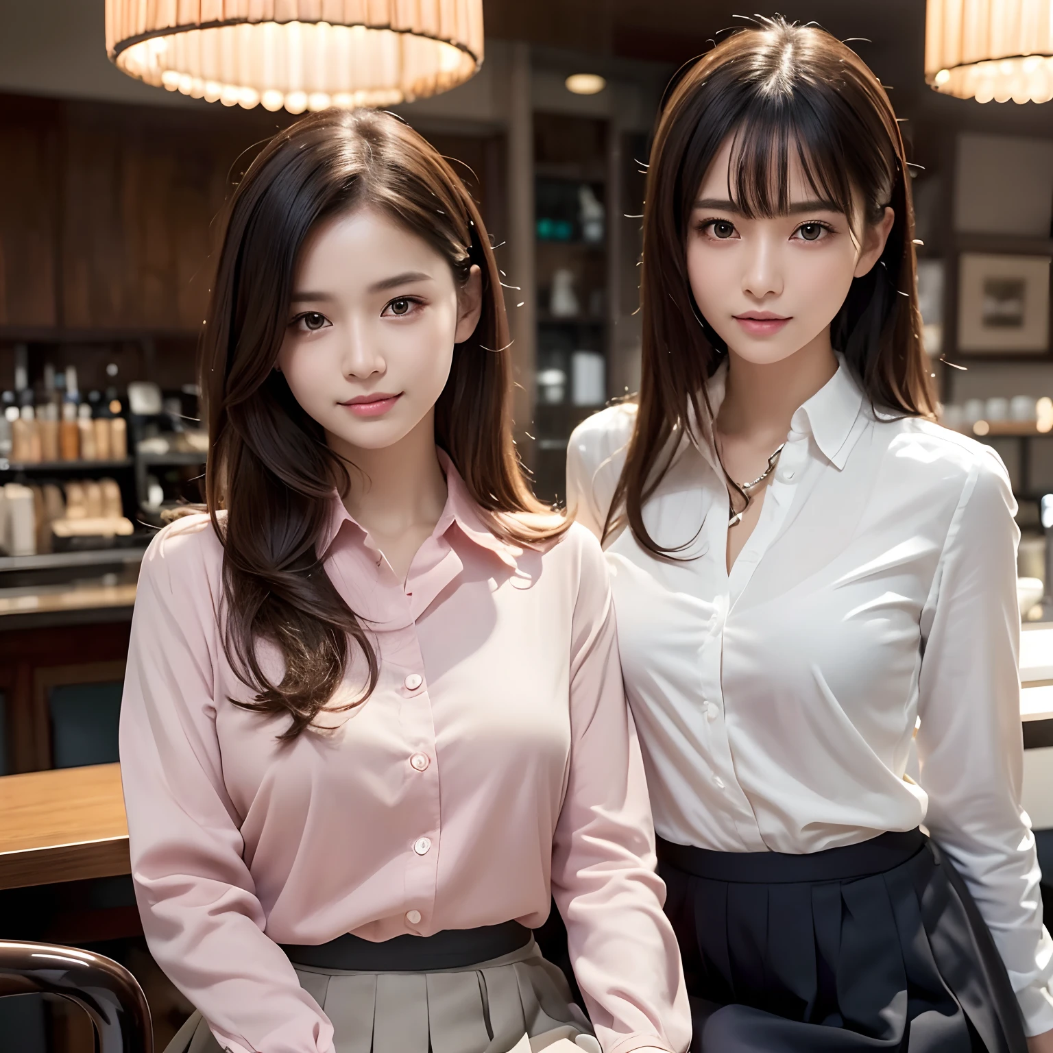 (High quality,4K,8K,hight resolution,masutepiece:1.2),Ultra-detailed,(Realistic,Photorealistic,Photorealsitic:1.37), Portraits, Beautiful detailed eyes, Beautiful detailed lips, Short hair, uniform, 16yo girl, Long hair girl in casual dress sitting in coffee shop, gesture, mare, Professional, Vibrant colors, Soft lighting, subtle shadows, Hair strands, Buttoned shirt, Pleated skirt, breezing, Stunning graceful posture, Confident expression, Expressive eyes, Curved eyelashes, subtle blush, Sparkling Highlights, Sharp details, Soft skin, Precise shading, Bright atmosphere, dynamic compositions, lifelike rendering, small round eyes, Indonesian girls, Attractive small rounded eyes shiny pink lips, Seductive cute smile, Full Portrait、tall、adult lady、女優