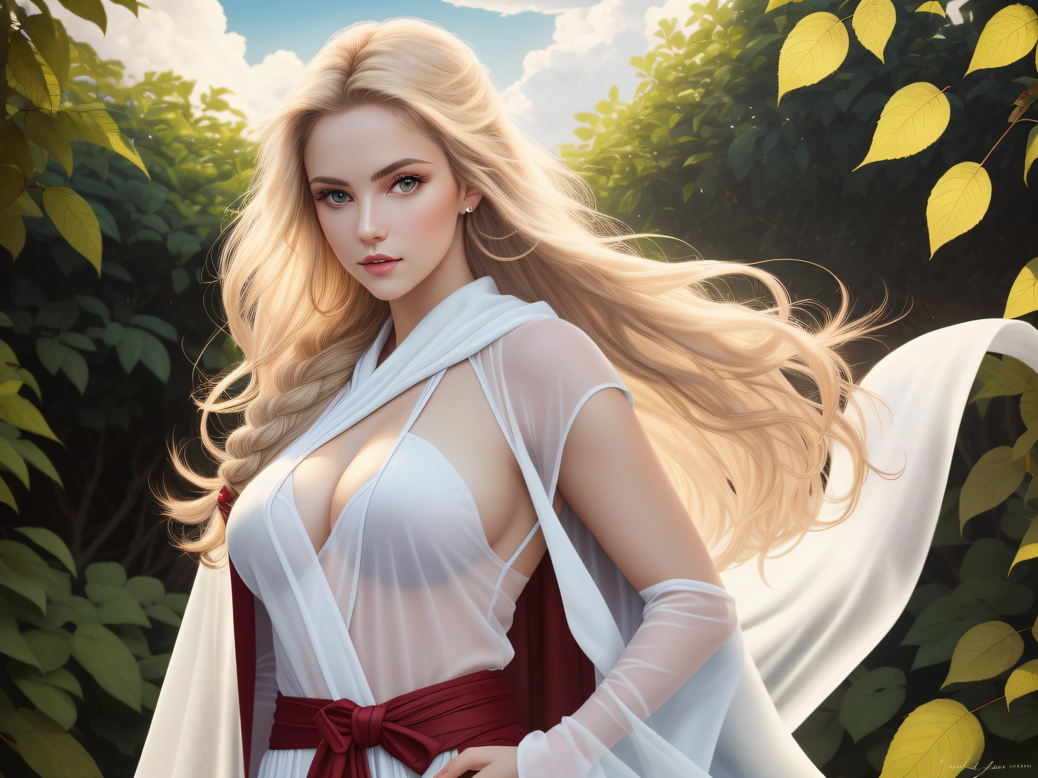 Orithia. Not safe for work. Realistic photo. Photo from the waist up. Orithia. Beautiful woman with pale skin, long, braided blonde hair. Curvy body. She wears sheer white robes with a red cape from ancient Greece. Summer open background with a cloudy sky. The wind moves her clothes, her hair and the leaves in the environment.... ((Masterpiece)). Professional photography, ultra-sharp focus. Analog RAW photography, 80mm f2.8 lens, Best quality, Ultra detailed, 64k, Intricate details, Fine detail, Detailed rendering, Realistic detail. Detailed hands, perfect eyes, detailed face, natural pose.