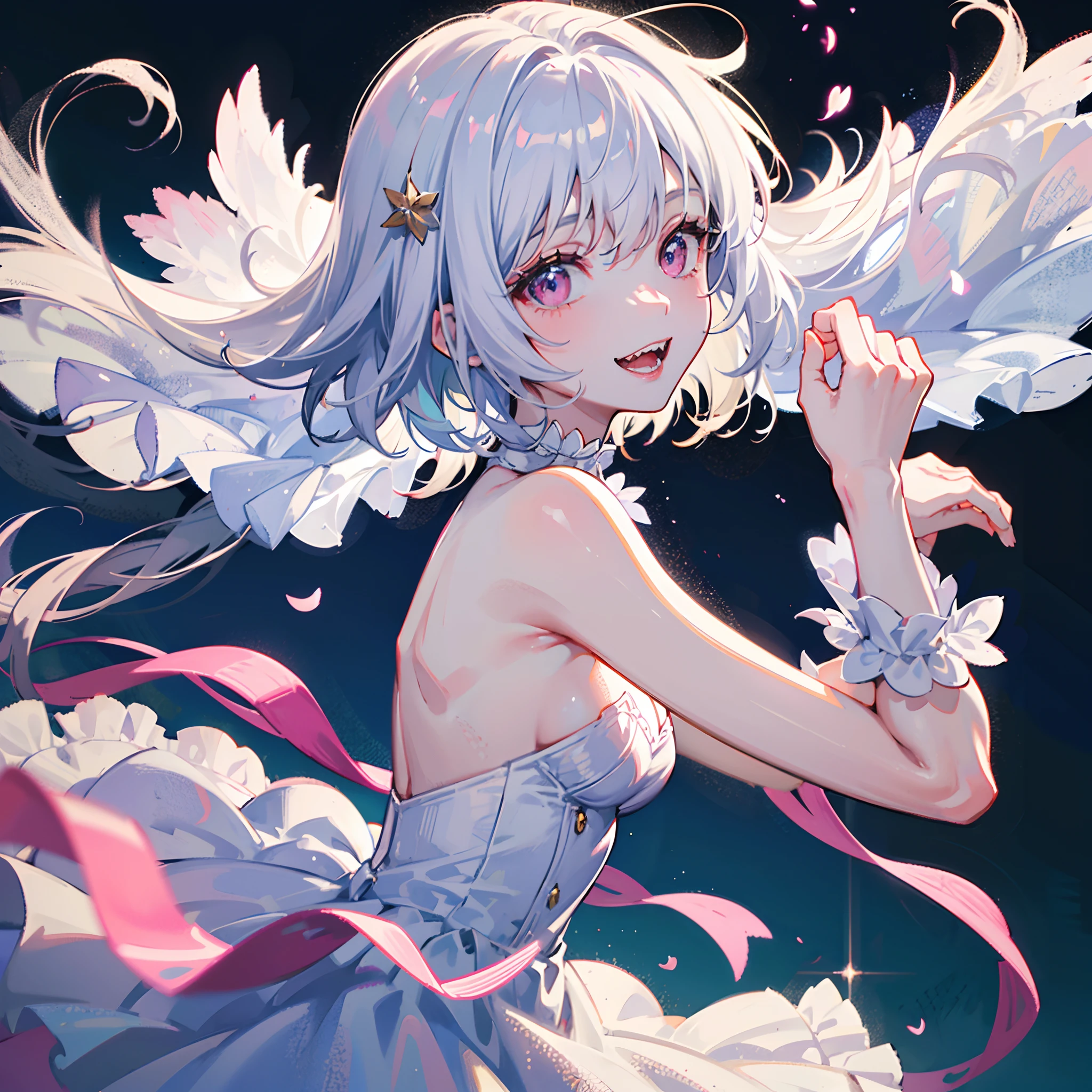 1girl, short white hair, bob cut, pink eyes, medium breast, sharp teeth, cheerful smile, white wedding dress, dramatic, cinematic, best quality, masterpiece, vivid colors, portrait, moon background, looking at the camera, from the front, 1result, close up