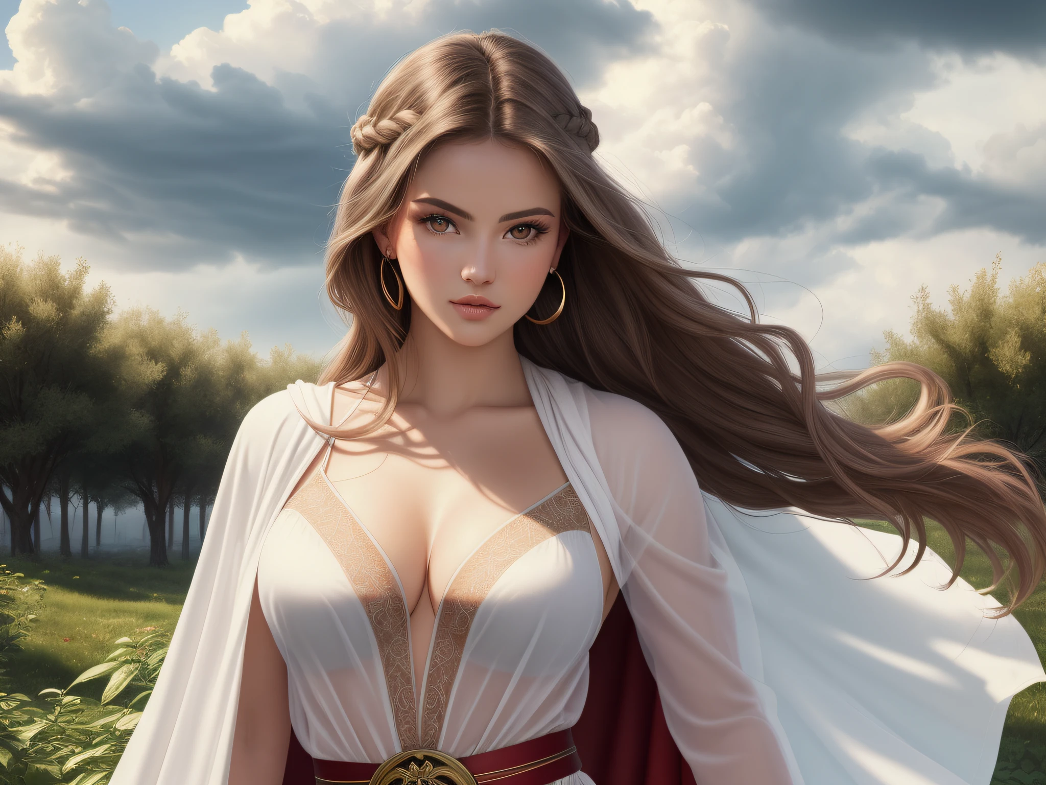 Orithia.  Not safe for work. Realistic photo.  Photo from the waist up.  Orithia.  Beautiful woman with pale skin, long, braided blonde hair.  Curvy body.  She wears sheer white robes with a red cape from ancient Greece.  Summer open background with a cloudy sky.  The wind moves her clothes, her hair and the leaves in the environment.... ((Masterpiece)).  Professional photography, ultra-sharp focus.  Analog RAW photography, 80mm f2.8 lens, Best quality, Ultra detailed, 64k, Intricate details, Fine detail, Detailed rendering, Realistic detail.  Detailed hands, perfect eyes, detailed face, natural pose.