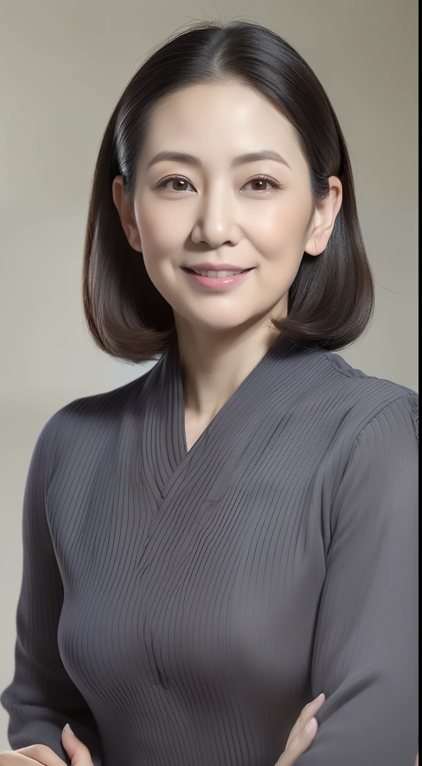 Masterpiece,Best quality, (maam. clerk:1), ((Portrait:1.3)), Cross arms， Smile，Gray library，Long legs，skin hyper-detail，Clear pores，in a panoramic view，Cocked buttocks，black lence stockings，(((Beautiful young Japanese woman over 40 years old,  Perfect face, Fantastic look,  (Detailed facial features),  Clean and nice face)))