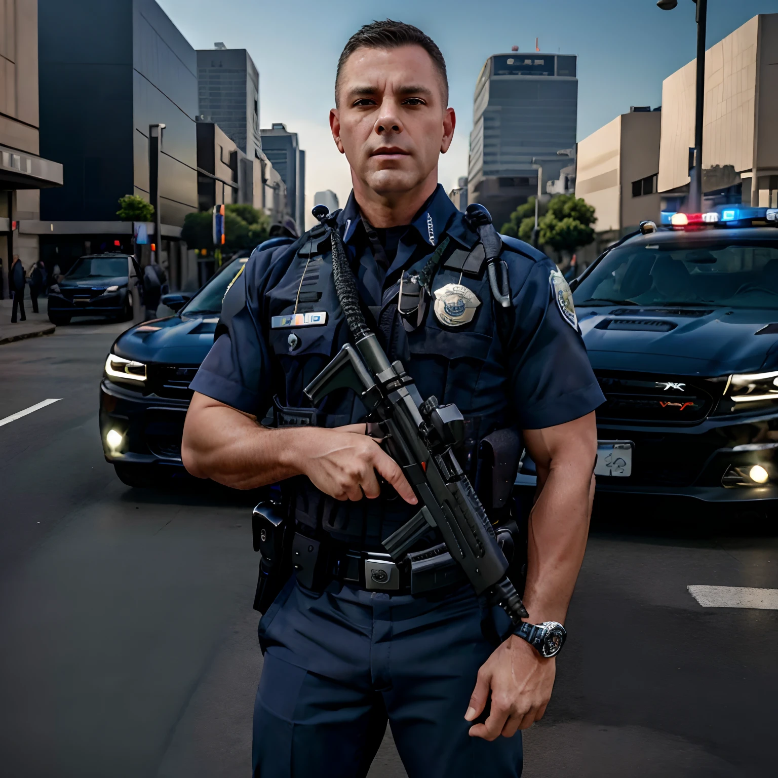 (best quality,4k,8k,highres,masterpiece:1.2),ultra-detailed,(realistic,photorealistic,photo-realistic:1.37),police officer with navy blue pants and canadian style police cap,shiny black shoes,black police belt,white dress shirt with blue tie and dark black bulletproof vest,portrayed in a metropolitan setting of sao paulo,professional,police badge on the vest,walking confidently,proud expression,holding a police radio in hand,patrolling the busy city streets,background featuring tall buildings and bustling city life,with a blue and white dodge charger in background,seamlessly blending with the officer's surroundings,studio lighting casting a dramatic and striking effect,vivid colors highlighting the officer's uniform and the urban environment,expressive facial details including the officer's intense gaze and stern facial features,emphasizing authority and determination,strategically placed shadows creating depth and dimension,highlighting the officer's presence and adding to the intensity of the image.