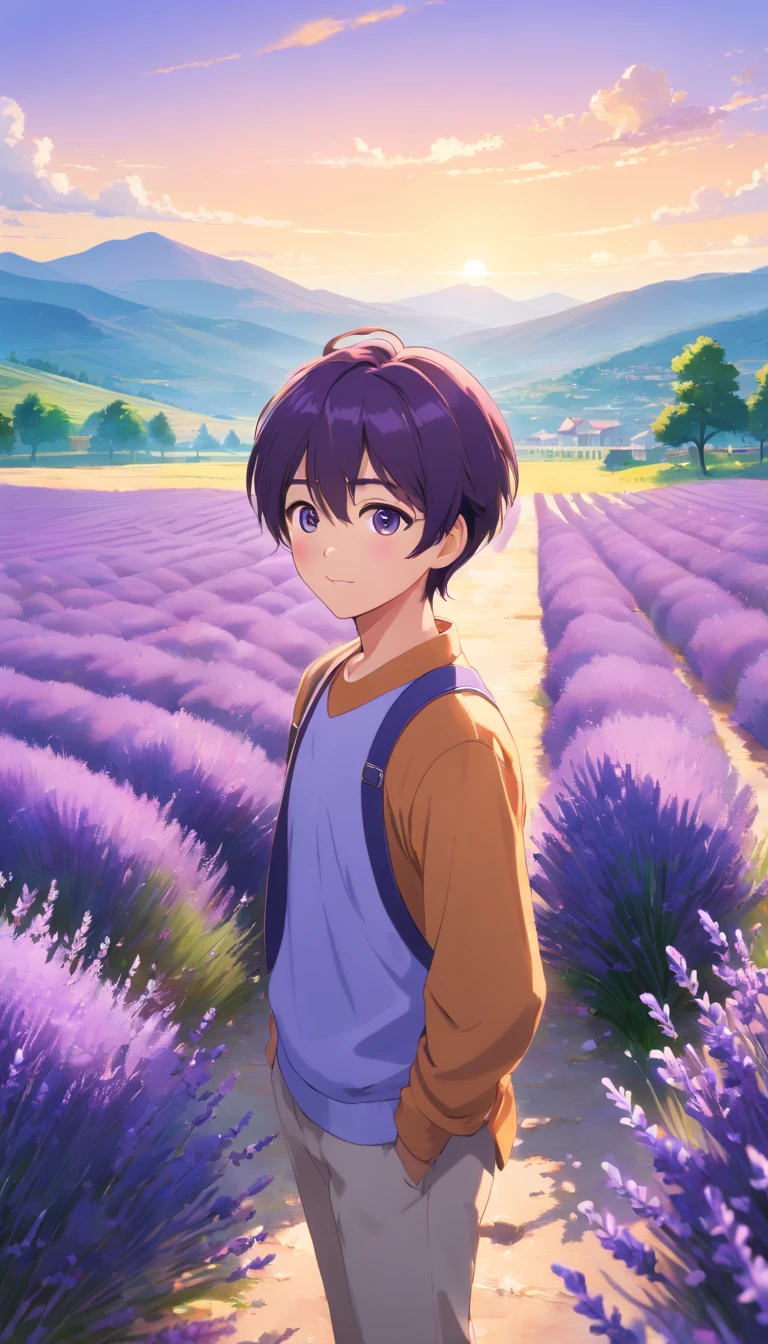 (best quality,4k,8k,highres,masterpiece:1.2),ultra-detailed,(realistic,photorealistic,photo-realistic:1.37),1 boy,lavender field,sunny,black hair,beautiful detailed eyes,smiling face,natural pose,breath-taking landscape,vivid colors,soft sunlight,gentle breeze,romantic atmosphere,lush purple lavender,soothing scent,dreamy setting,immersive experience,lifelike texture,lively colors,calm environment,natural beauty,serene ambiance,tranquil scenery,harmony in nature,blissful summer day,sunlit field of lavender,peaceful feeling,majestic purple blooms,whispering lavender,delightful sight,journey of tranquility,blissful moments,refreshing fragrance,scenic view,enchanting charm,distant mountains,stunning backdrop,fields in full bloom,serenity in simplicity,lavender waves,serene color palette