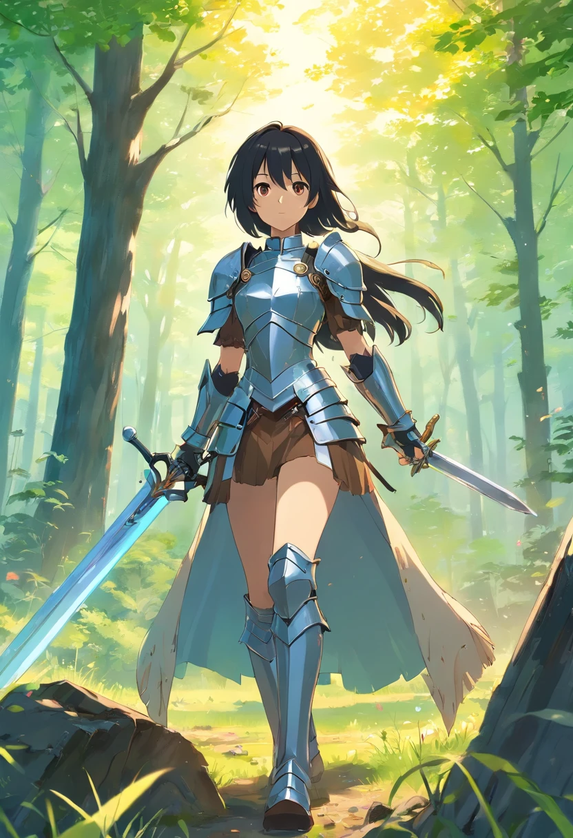 1girl, long black hair, brown eyes, wearing sliver medieval knights armor, skull design on chest, armor gloves, black leather boots, right arm raised, holding a sword made of fire, in a open field, small tree stump nearby, surrounded by forest, trees, spring, morning, absurdres, high res, ultrasharp, 8k, masterpiece, looking at viewer.