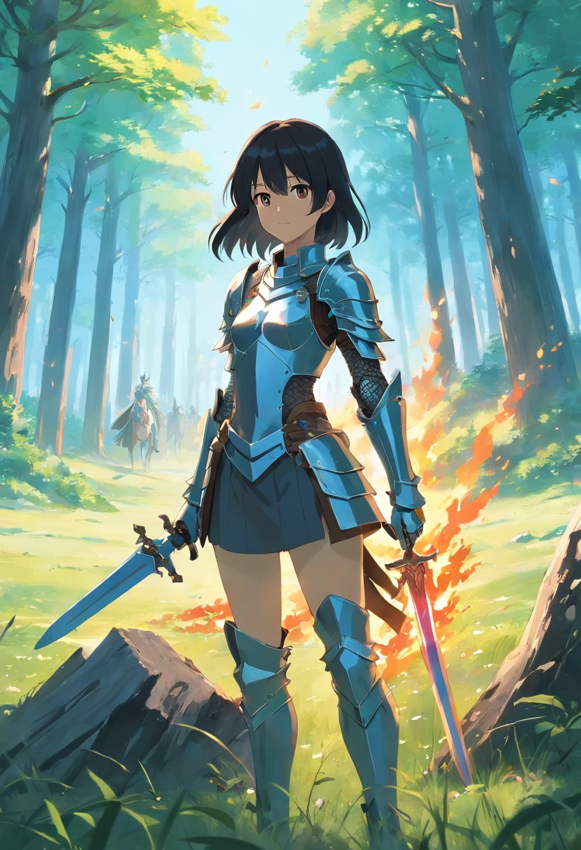 1girl, long black hair, brown eyes, wearing sliver medieval knights armor, skull design on chest, armor gloves, black leather boots, right arm raised, holding a sword made of fire, in a open field, small tree stump nearby, surrounded by forest, trees, spring, morning, absurdres, high res, ultrasharp, 8k, masterpiece, looking at viewer.