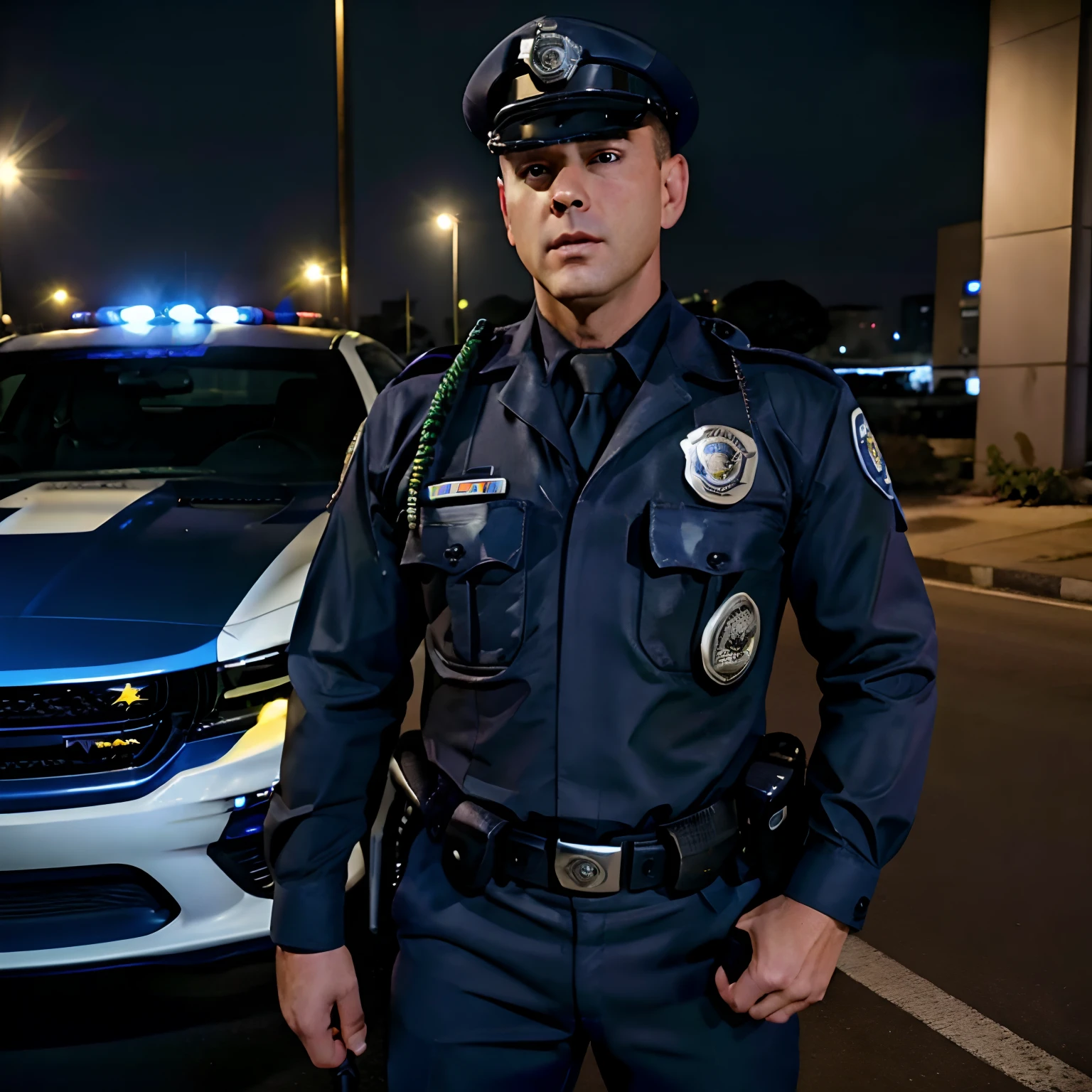 (best quality,4k,8k,highres,masterpiece:1.2),ultra-detailed,(realistic,photorealistic,photo-realistic:1.37),police officer with navy blue pants and canadian style police cap,shiny black shoes,black police belt,white dress shirt with blue tie and dark blue bulletproof vest,portrayed in a metropolitan setting of sao paulo,professional,police badge on the vest,walking confidently,proud expression,holding a police radio in hand,patrolling the busy city streets,background featuring tall buildings and bustling city life,with a blue and white dodge charger,seamlessly blending with the officer's surroundings,studio lighting casting a dramatic and striking effect,vivid colors highlighting the officer's uniform and the urban environment,expressive facial details including the officer's intense gaze and stern facial features,emphasizing authority and determination,strategically placed shadows creating depth and dimension,highlighting the officer's presence and adding to the intensity of the image.