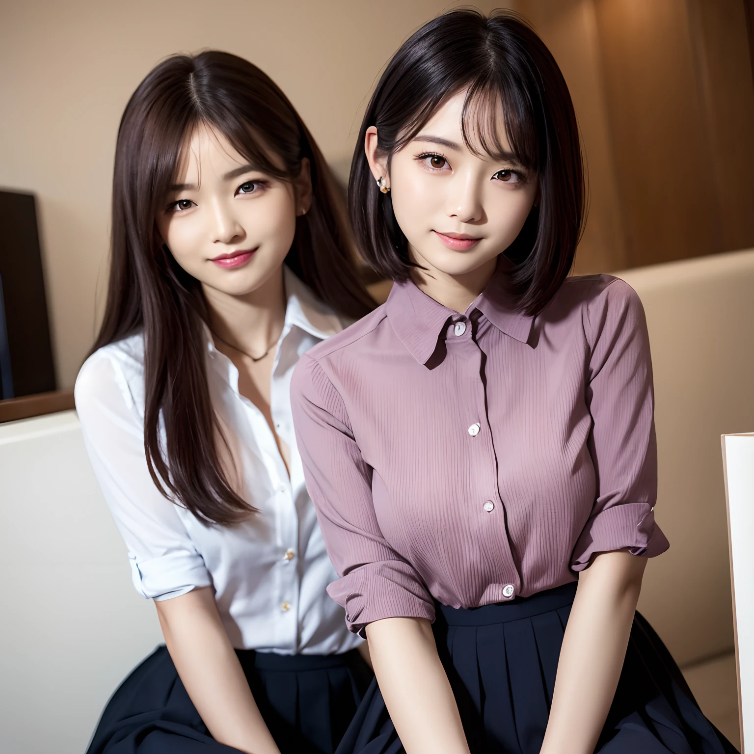(High quality,4K,8K,hight resolution,masutepiece:1.2),Ultra-detailed,(Realistic,Photorealistic,Photorealsitic:1.37), Portraits, Beautiful detailed eyes, Beautiful detailed lips, Short hair, uniform, 16yo girl, Long hair girl in casual dress sitting in coffee shop, gesture, mare, Professional, Vibrant colors, Soft lighting, subtle shadows, Hair strands, Buttoned shirt, Pleated skirt, breezing, Stunning graceful posture, Confident expression, Expressive eyes, Curved eyelashes, subtle blush, Sparkling Highlights, Sharp details, Soft skin, Precise shading, Bright atmosphere, dynamic compositions, lifelike rendering, small round eyes, Indonesian girls, Attractive small rounded eyes shiny pink lips, Seductive cute smile, Full Portrait、tall、乃木坂アイドル、韓国アイドル、hposing Gravure Idol、adult lady