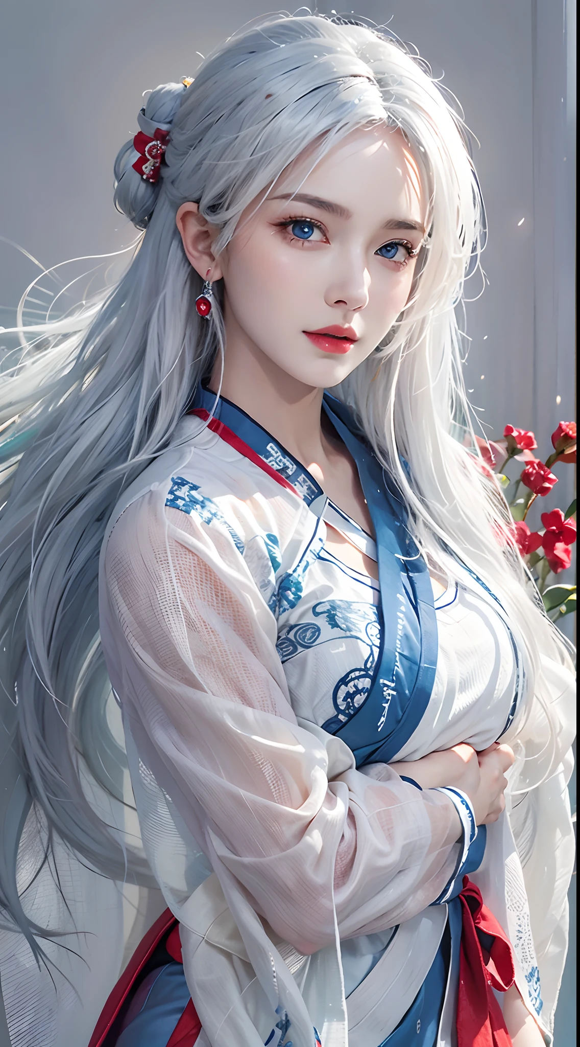 photorealistic, high resolution, soft lights, 1women, solo, hips up, blue eyes, white hair, long hair, blue eyes, red lips, jewelry, hanfu