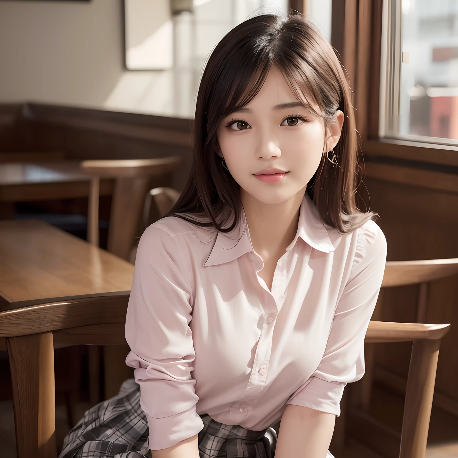 (High quality,4K,8K,hight resolution,masutepiece:1.2),Ultra-detailed,(Realistic,Photorealistic,Photorealsitic:1.37), Portraits, Beautiful detailed eyes, Beautiful detailed lips, Short hair, uniform, girl, Long hair girl in casual dress sitting in coffee shop, gesture, mare, Professional, Vibrant colors, Soft lighting, subtle shadows, Hair strands, Buttoned shirt, Pleated skirt, breezing, Stunning graceful posture, Confident expression, Expressive eyes, Curved eyelashes, subtle blush, Sparkling Highlights, Sharp details, Soft skin, Precise shading, Bright atmosphere, dynamic compositions, lifelike rendering, small round eyes, Indonesian girls, Attractive small rounded eyes shiny pink lips, Seductive cute smile, Full Portrait、tall、乃木坂アイドル、韓国アイドル、hposing Gravure Idol、adult lady