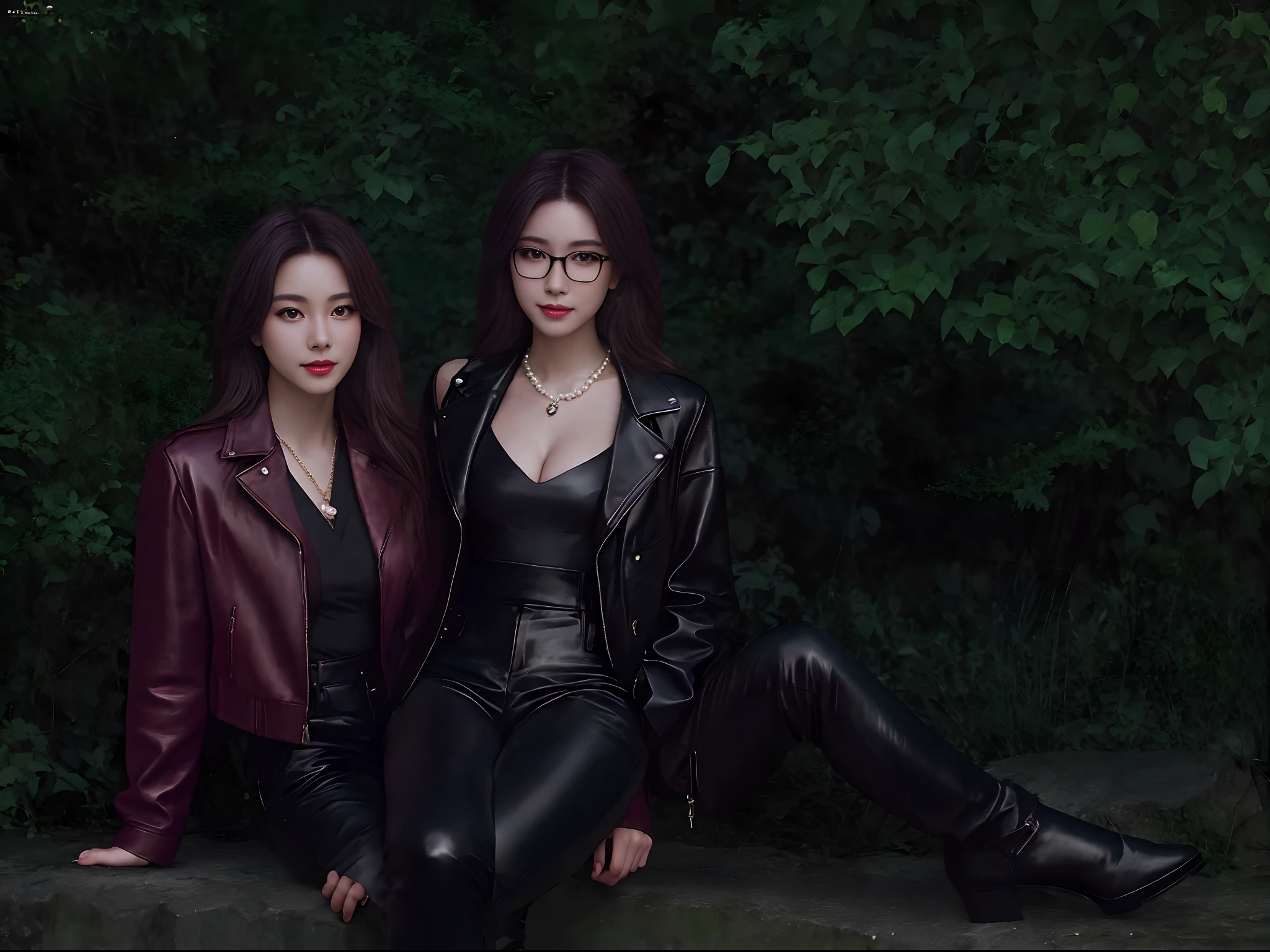 (????????????), Full body shot, Full lion photo (detail, reality), Cute young woman in Japan, sitting lion in the forest, charming shape, shoulder length light brown hair, Wearing black leather jacket, Glossy satin red bikini under jacket, Black leather gloves, Black leather pants, Black leather heels, riding, glasses, big chest, jewelry, rubies, necklace, pearls, smile, smile , Absolutely beautiful face, 8K resolution, high detail, detailed hairstyle, detailed face, black eyes, elegant, monumental, cinematic lighting, Octane rendering, Brilliant, surreal, white, perfect limbs, perfect ???????